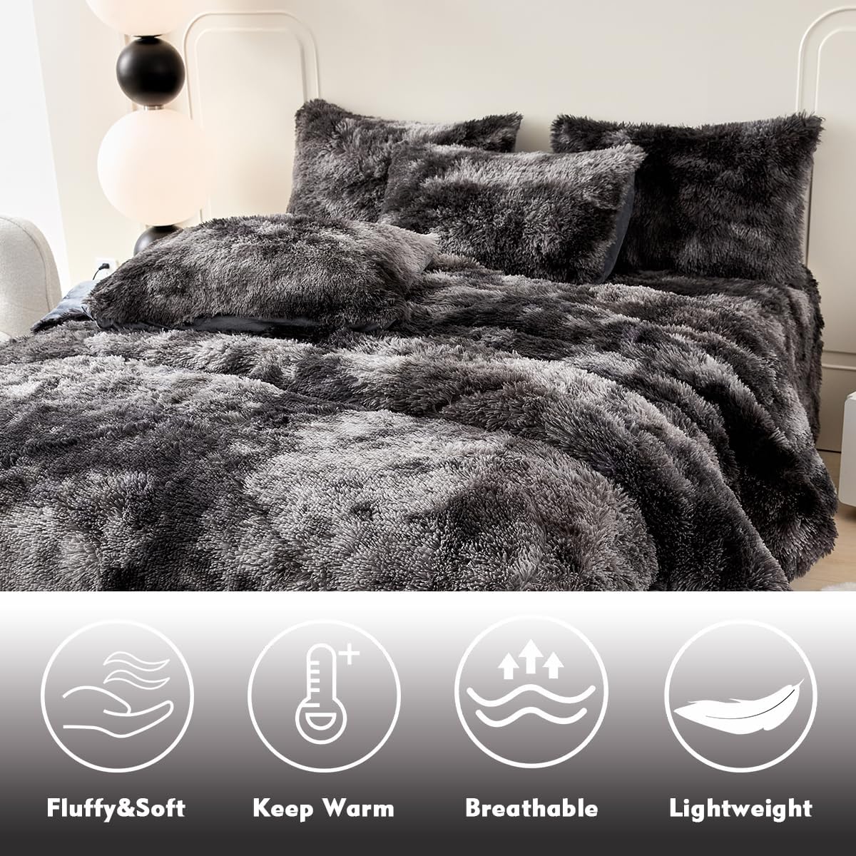 PERFEMET Juego de 3 piezas de edredón de pelo sintético mullido gris oscuro, tamaño matrimonial, juego de ropa de cama de felpa lanudo teñido
