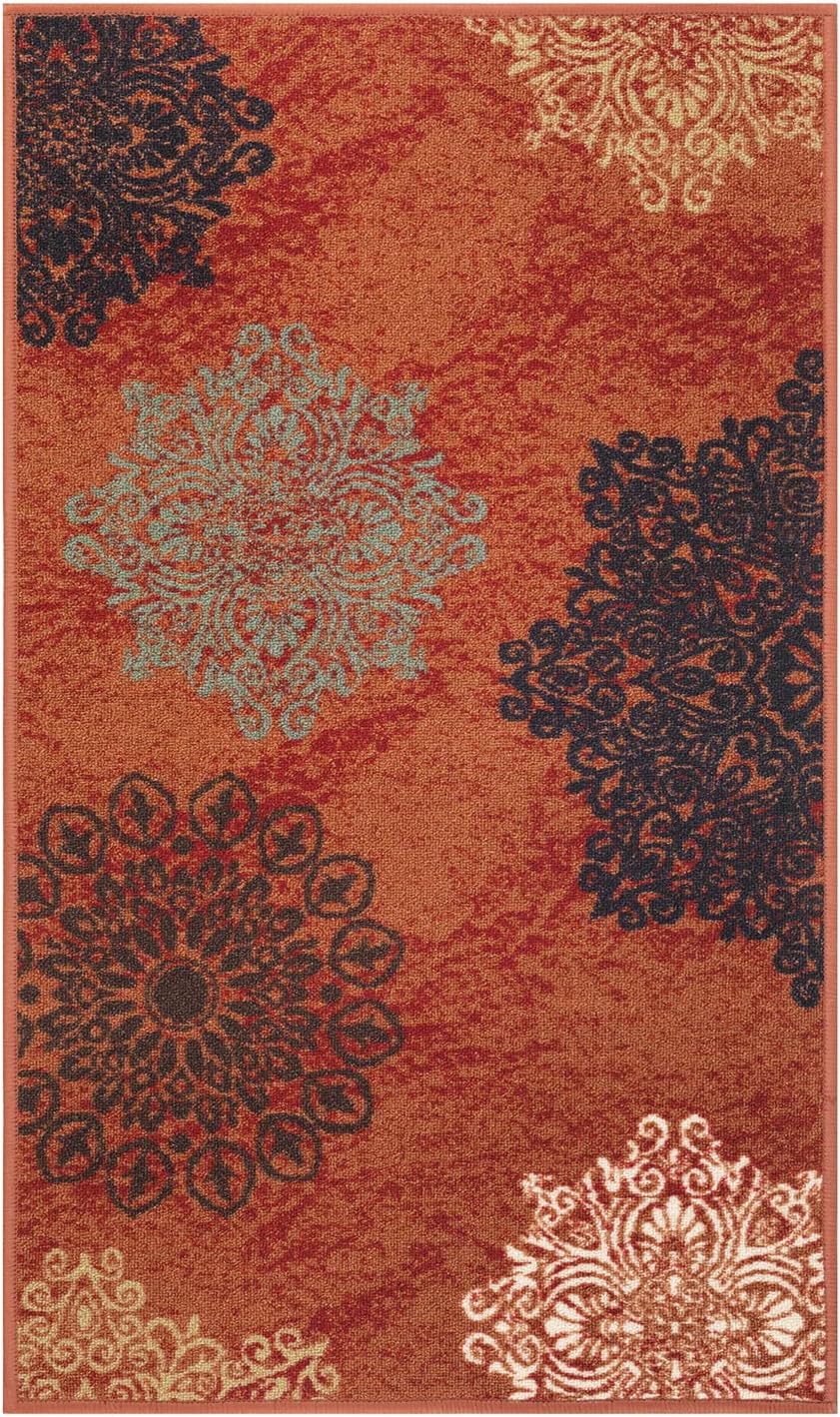 Antep Rugs Alfombras modernas florales 2 x 4 antideslizantes (antideslizante) de perfil bajo con respaldo de goma para cocina (marrón óxido, 2 pies