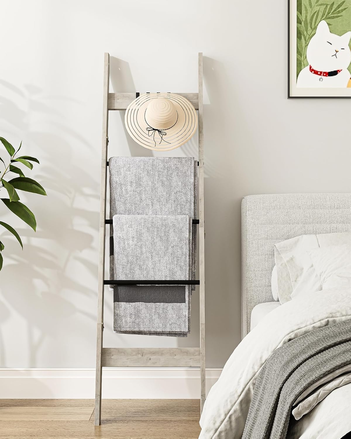 Escalera para manta, para dormitorio, estante decorativo de madera con 4 ganchos extraíbles, organizador de escalera de granja de 5 niveles para