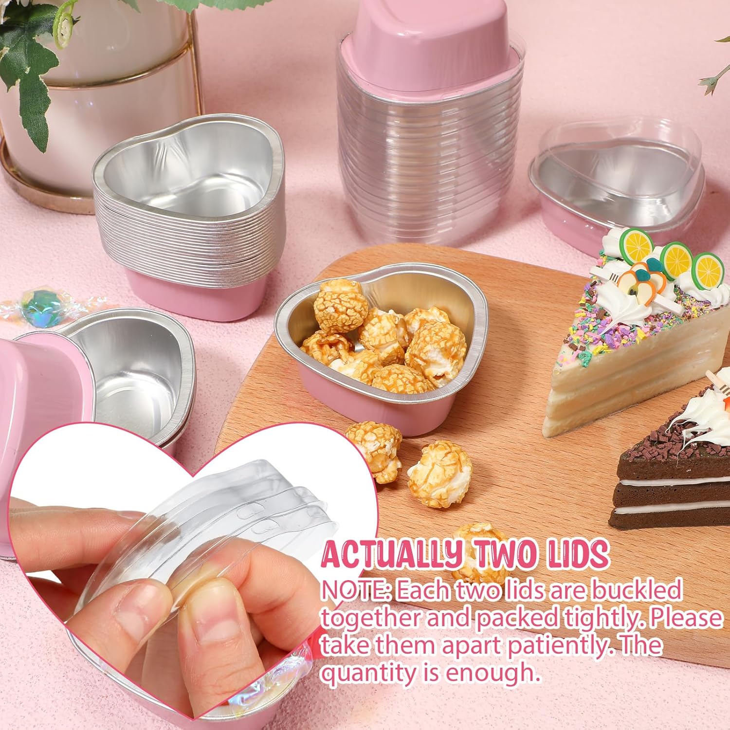 Mini molde para tartas de corazón para el día de San Valentín con tapas y cucharas de plástico para tartas de 1.86 onzas  1.9 fl oz, mini moldes de