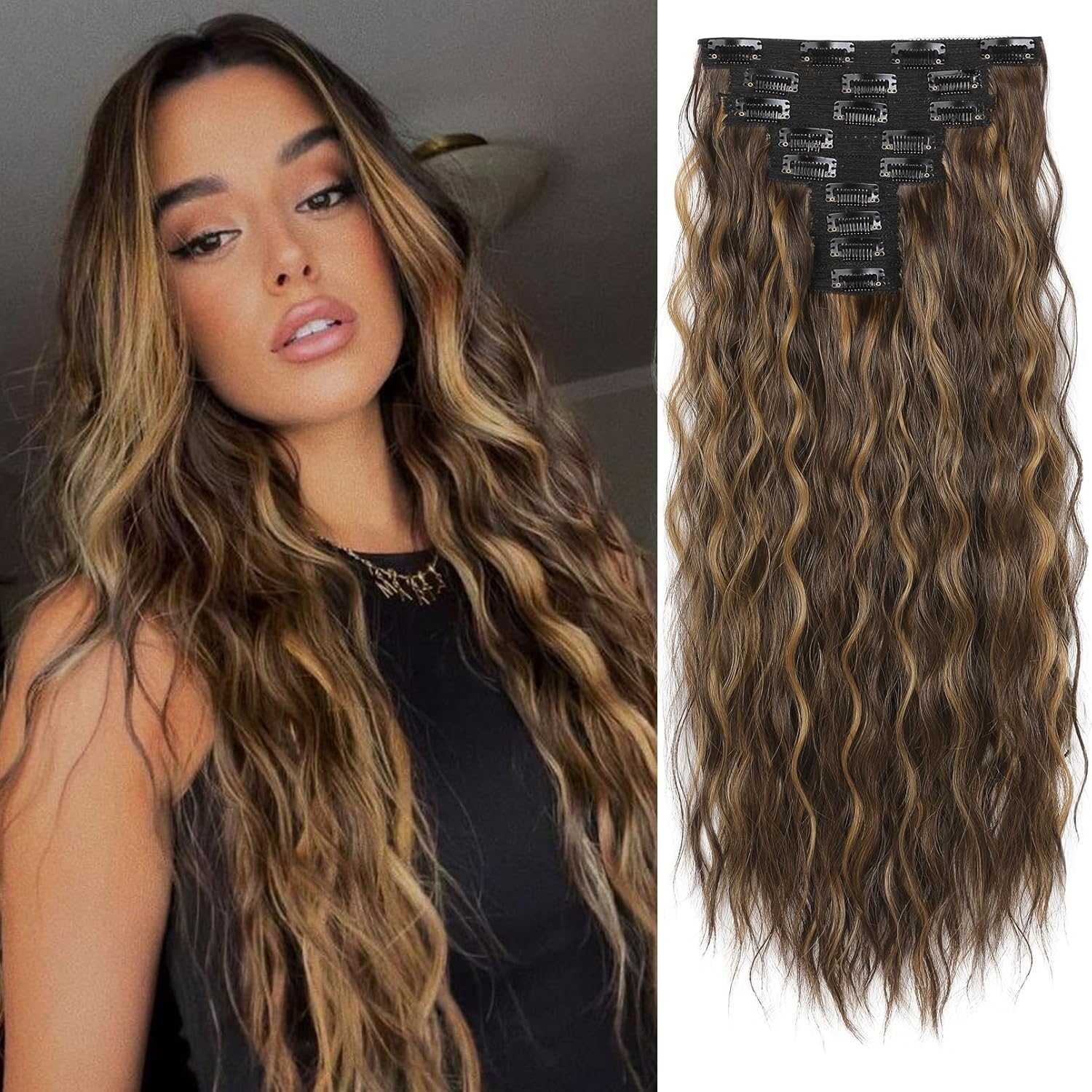 REECHO HYOUITSU HE009 – 9 extensiones de cabello con clip, 24 pulgadas de grosor, largo, largo, con ondas de sirena, lujosas, ligeras, tecnología