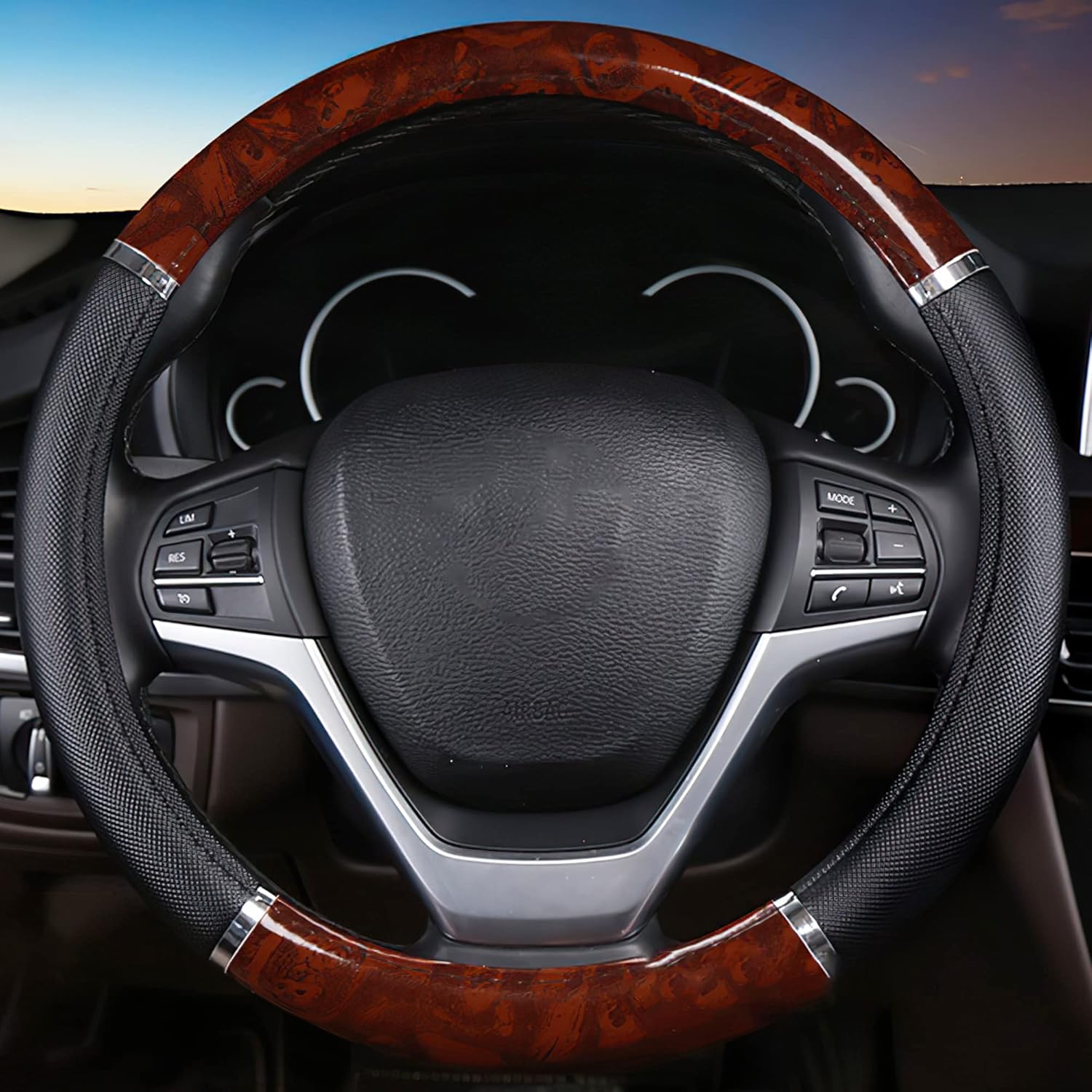 Funda para volante de cuero de grano de madera, color marrón y negro, elástica, elástica, protector de rueda de automóvil, SUV, transpirable,