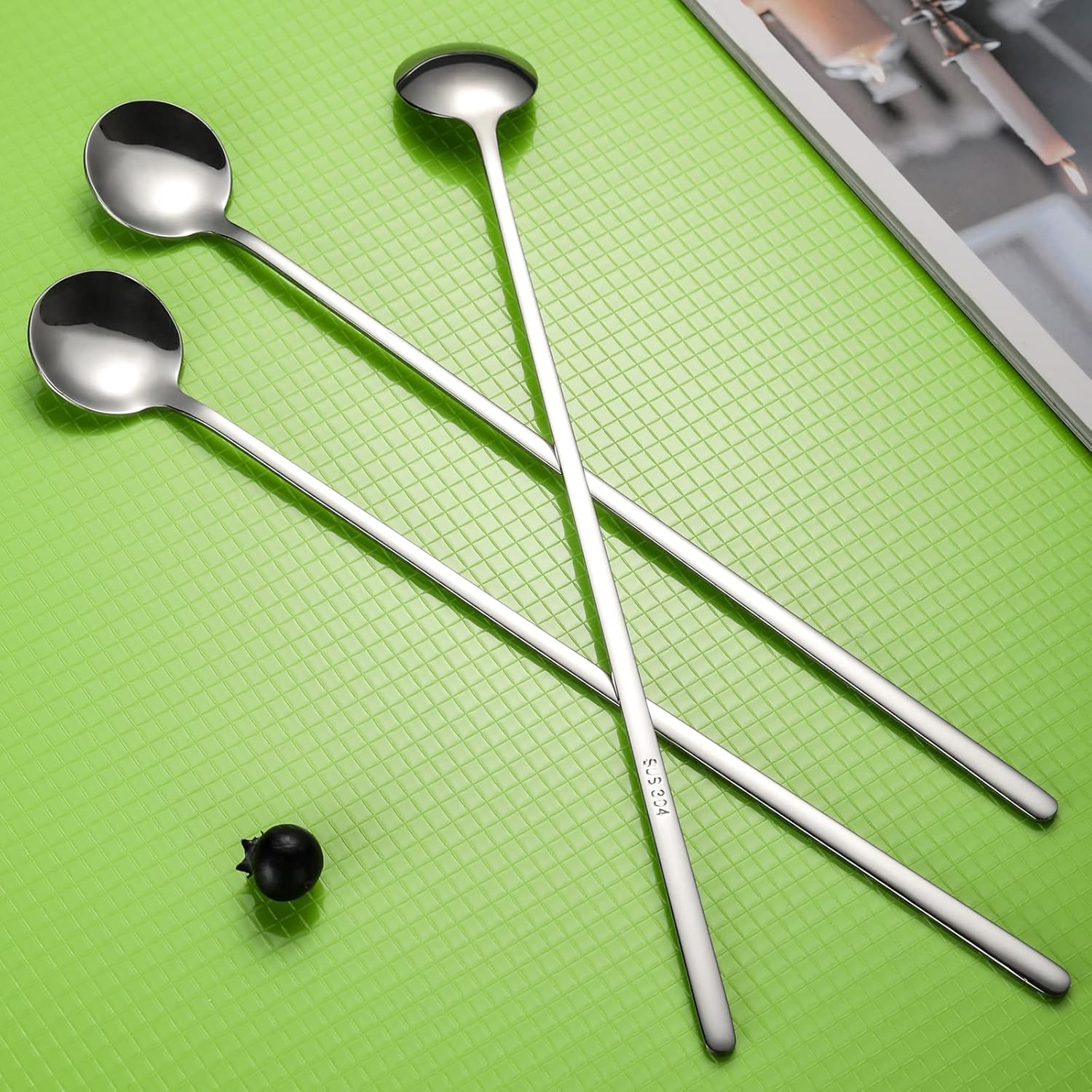 Juego de 6 cucharas de mango largo de acero inoxidable para agitador de café, cucharas para mezclar de cóctel (acero inoxidable)