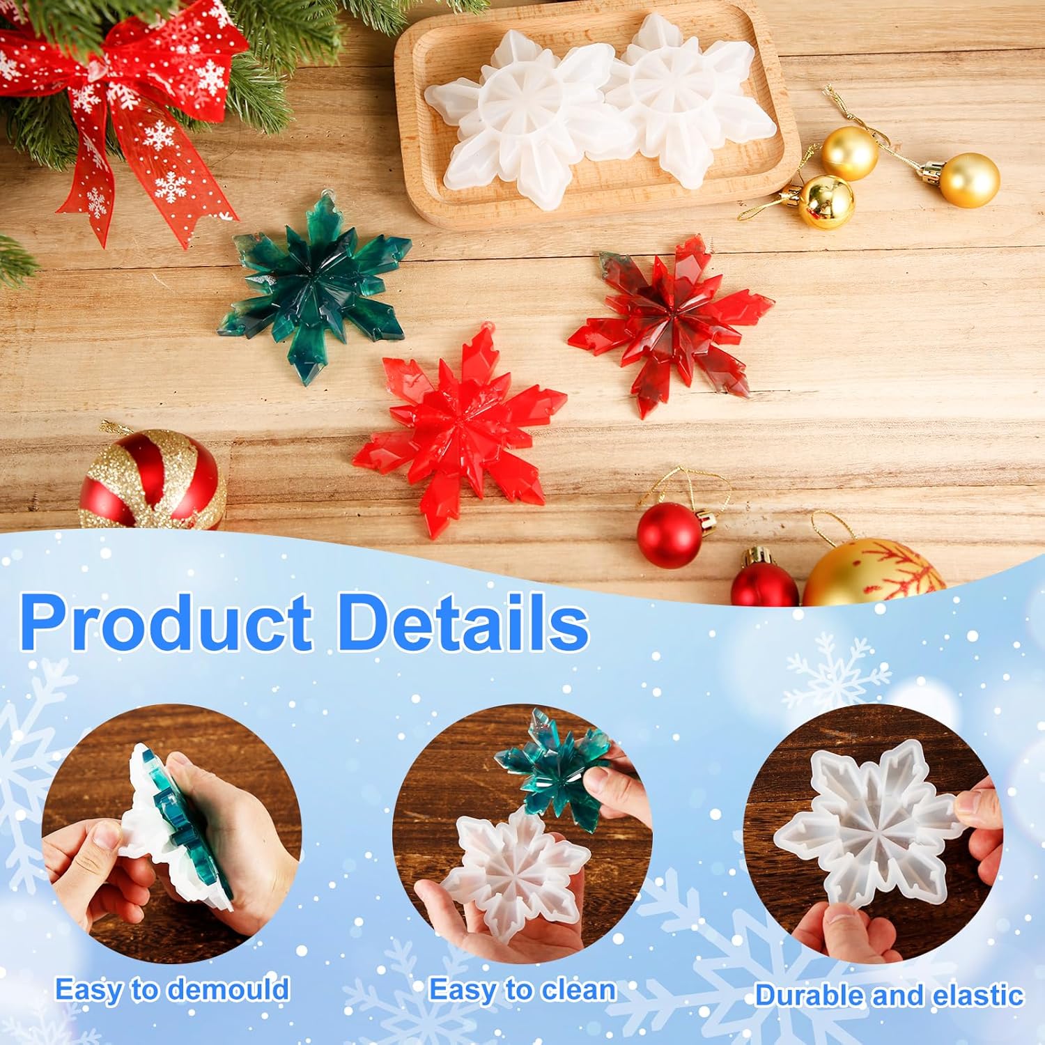 4 moldes de resina de silicona con forma de copo de nieve 3D, moldes de resina para colgante de Navidad, molde de silicona de Navidad para árbol de