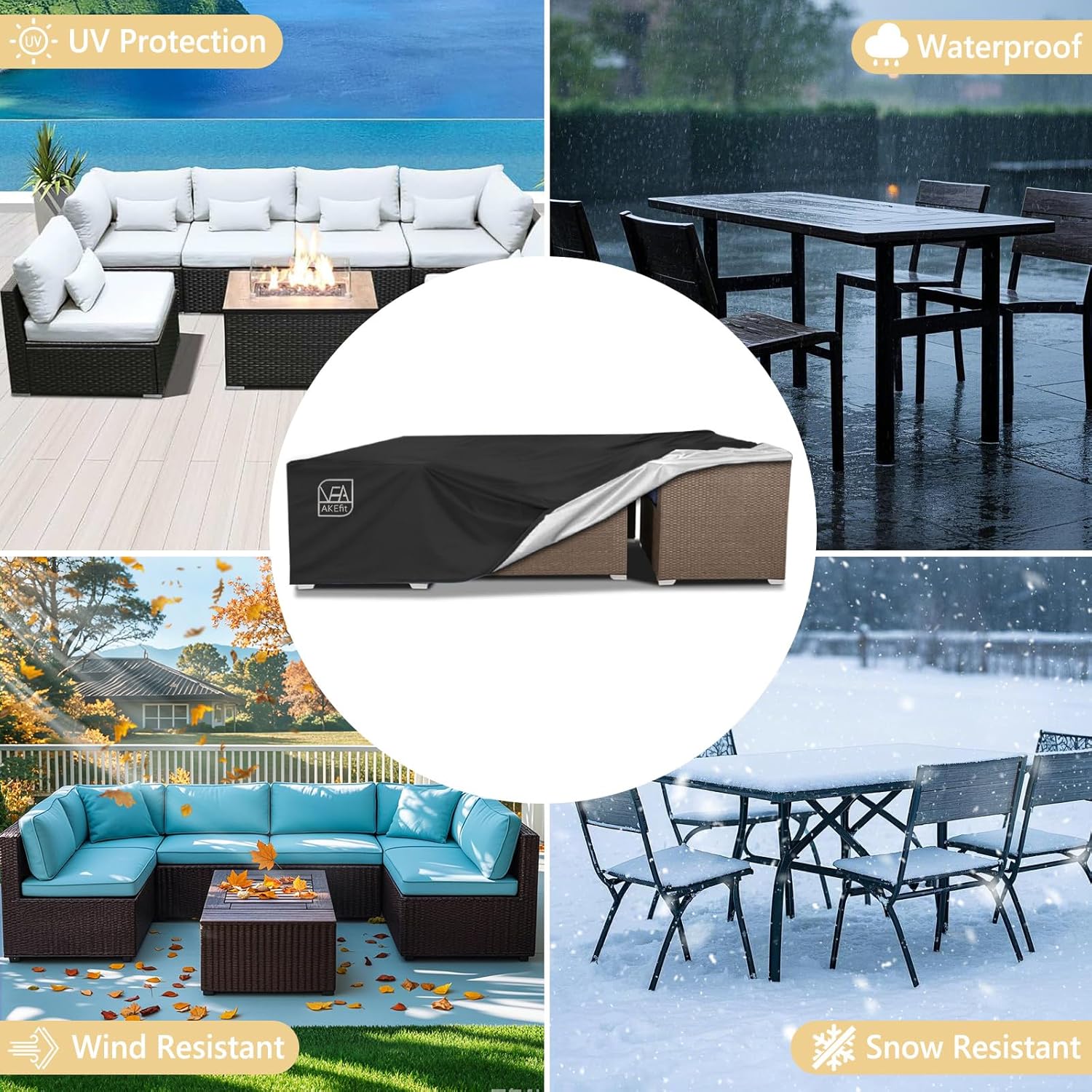 AKEfit Fundas para muebles de patio, 500D resistentes al agua para exteriores cuadradas y rectangulares para mesa de patio y fundas de silla, color