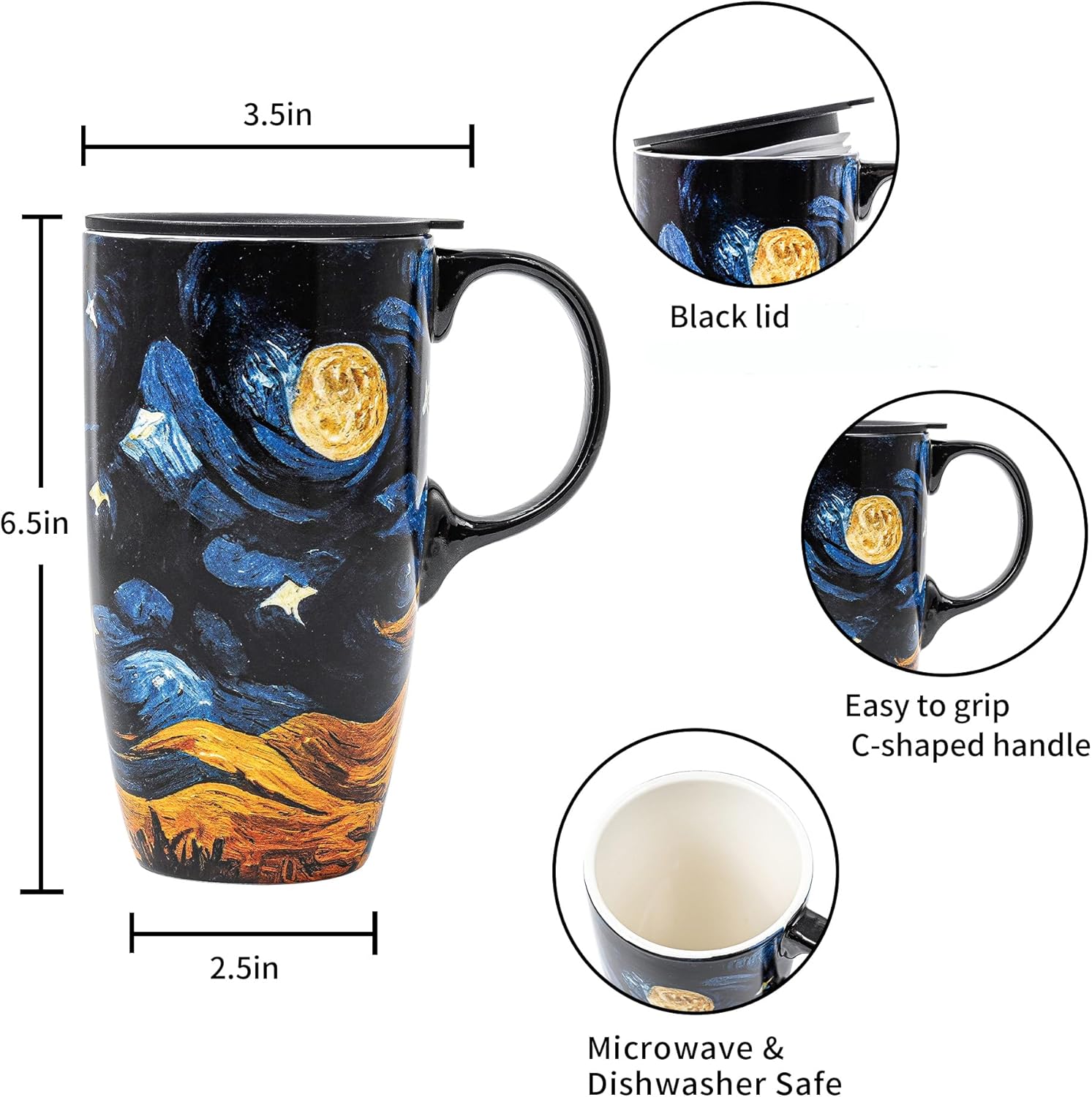Topadorn Taza de café de cerámica para regalo con tapa de 17 onzas, taza de té alta de porcelana con asa para el hogar y la oficina, taza con patrón