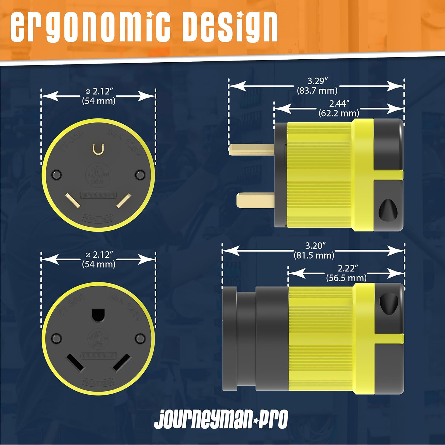 Journeyman-Pro NEMA TT-30R, 30 amperios, 125 voltios, conector hembra de remolque RV de hoja recta, grado industrial negroamarillo, generador de