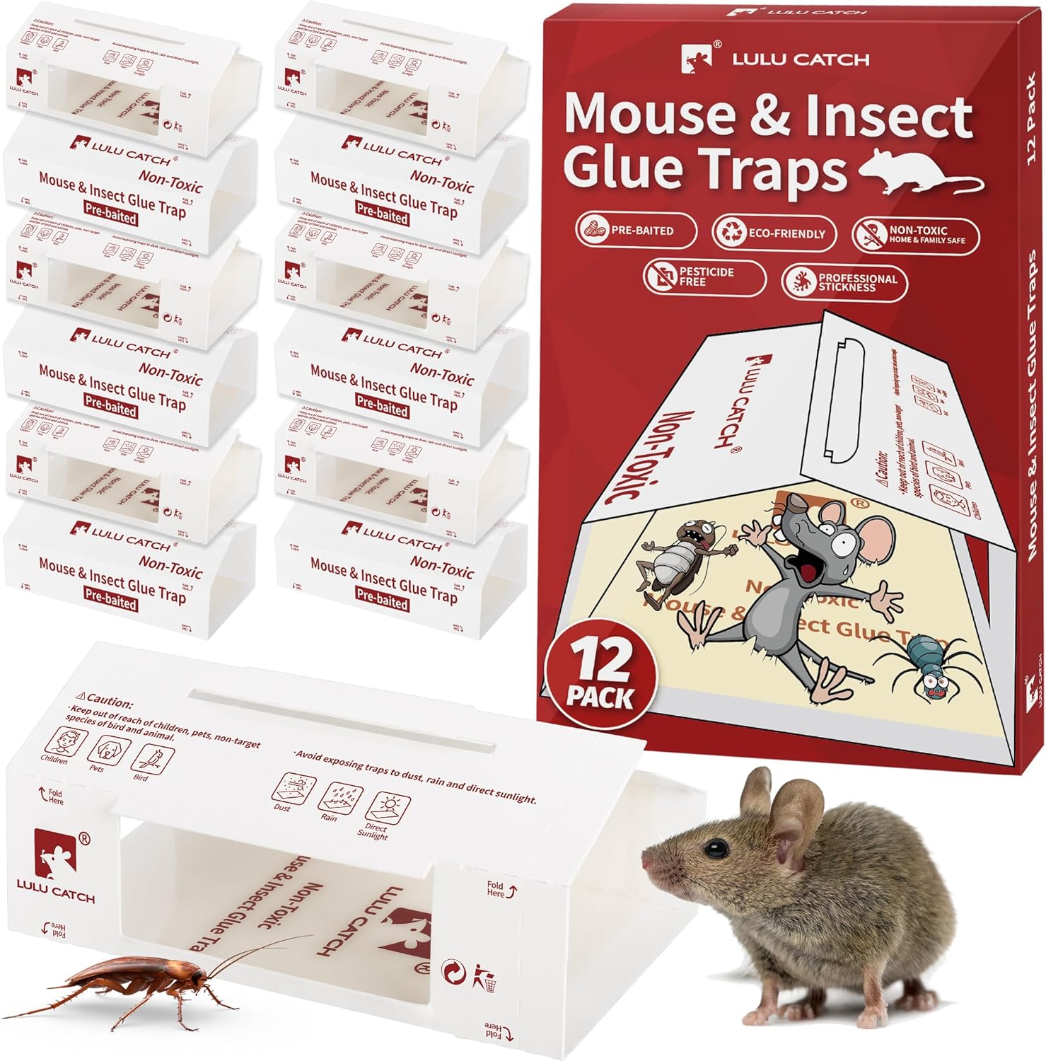 Trampas adhesivas para ratones, paquete de 12 trampas de pegamento precebadas, plegables, a granel, no tóxicas, para interiores, para insectos,