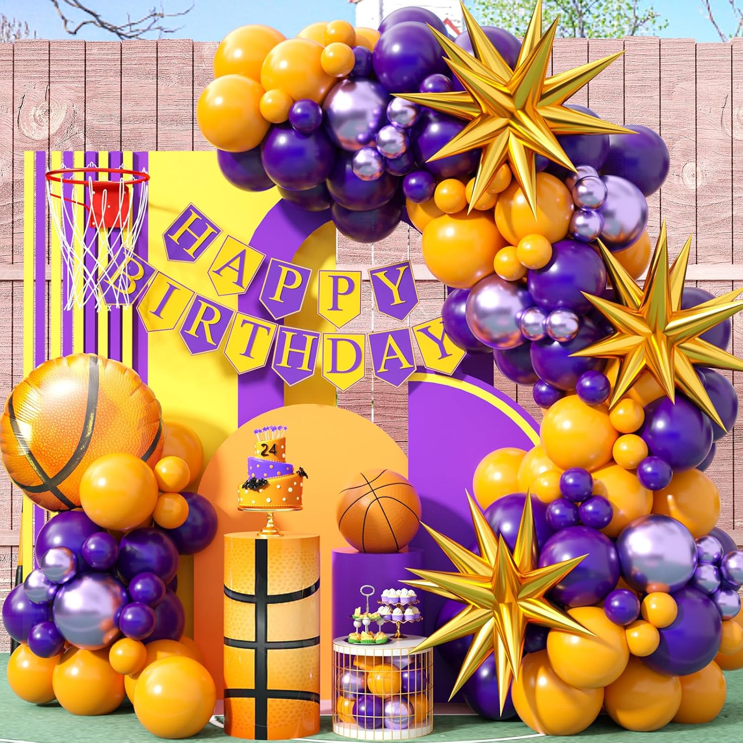 Kit de arco de globos de baloncesto, 101 globos amarillos y morados 4D Starburst, globos de papel de aluminio de baloncesto metálicos de látex,