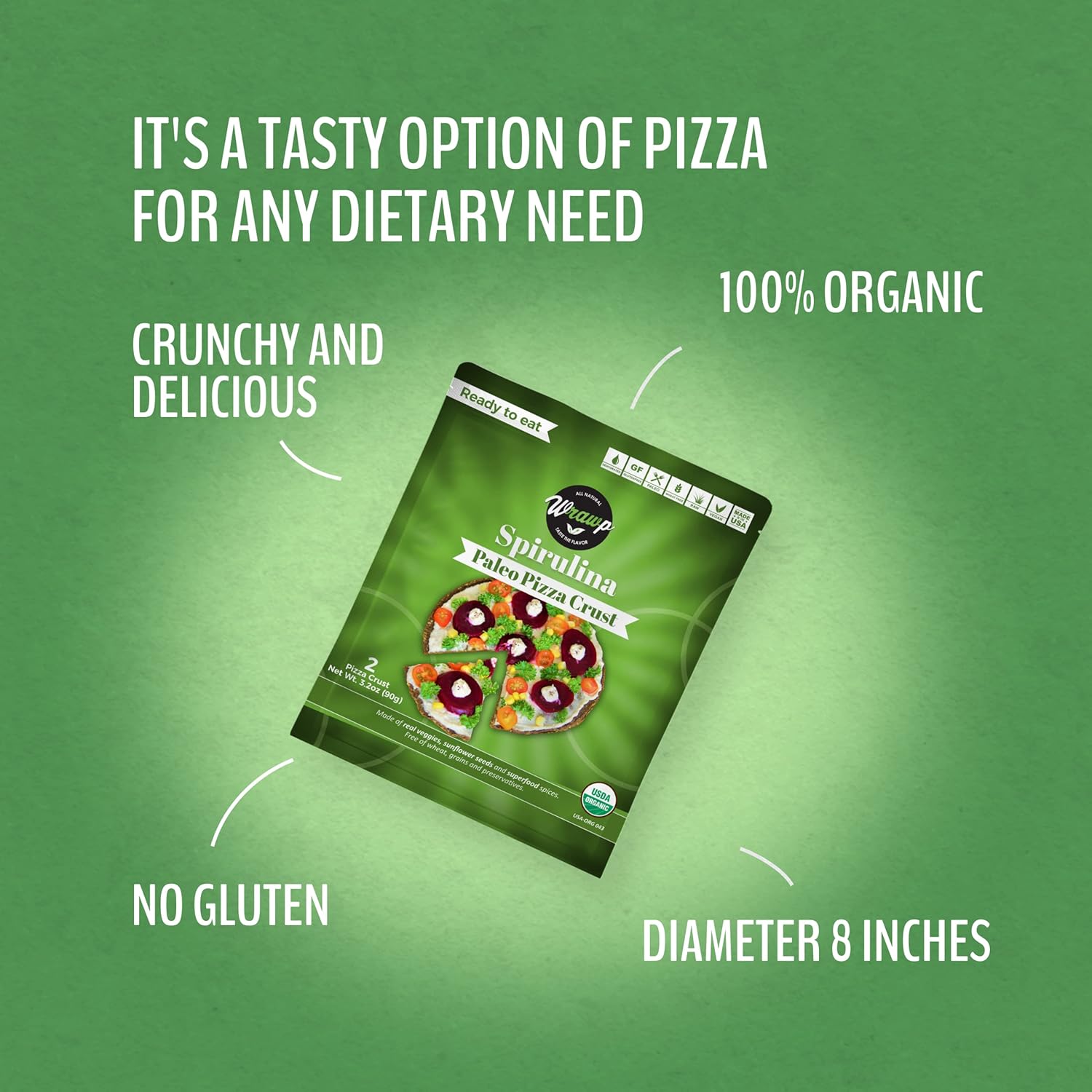Paleo Pizza Crusts, paquete de 4 cortezas de pizza, espirulina (cruda, vegana, paleo, sin gluten) sin trigo