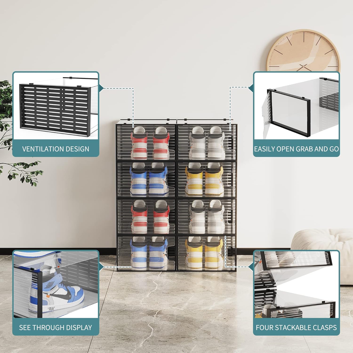 WAYTRIM Cajas de zapatos apilables, organizador de zapatos apilable de plástico transparente para armario, ahorro de espacio, contenedores plegables