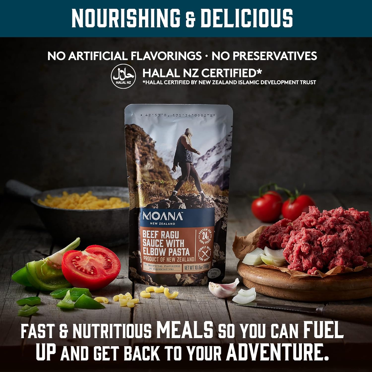 Moana Alimentos para acampar de Nueva Zelanda Paquete de 10  5 salsa de ragú de carne con pasta de codo, 5 garbanzos suaves y curry de verduras,