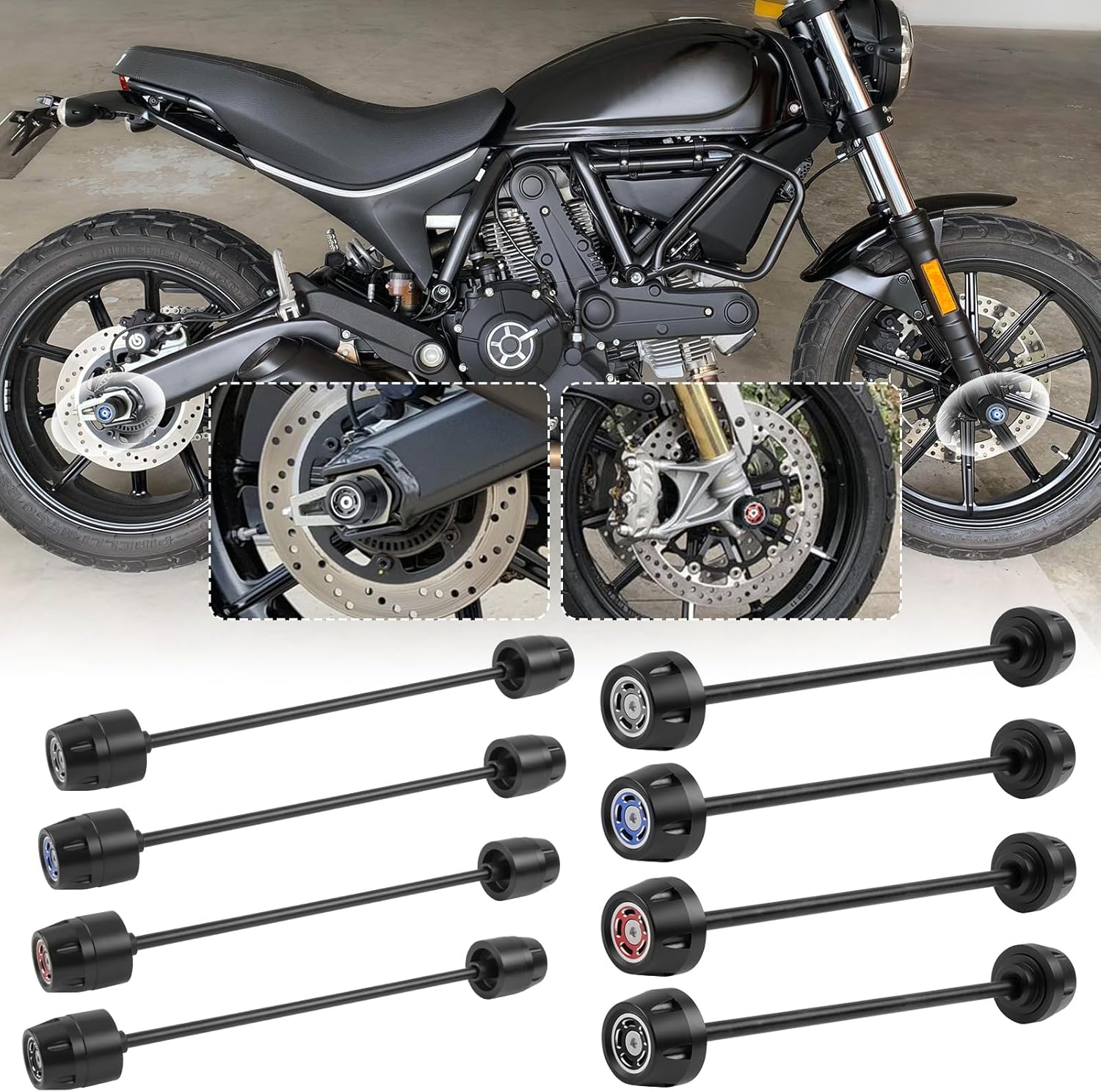 Eje de rueda delantera y trasera para motocicleta, deslizador de horquilla compatible con D-ucati Scrambler 400 Sixty 2 800 Classic Full Throttle