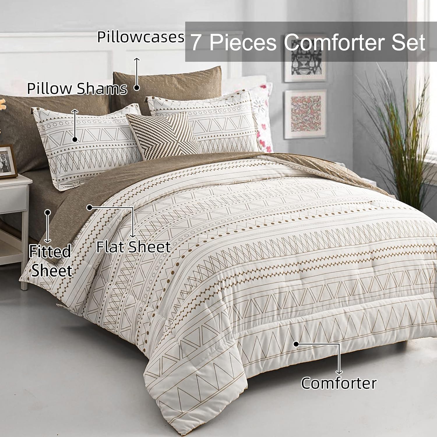 WONGS BEDDING Juego de edredón marrón bohemio de 7 piezas para cama Queen en una bolsa, edredón geométrico a rayas, reversible, juego de ropa de