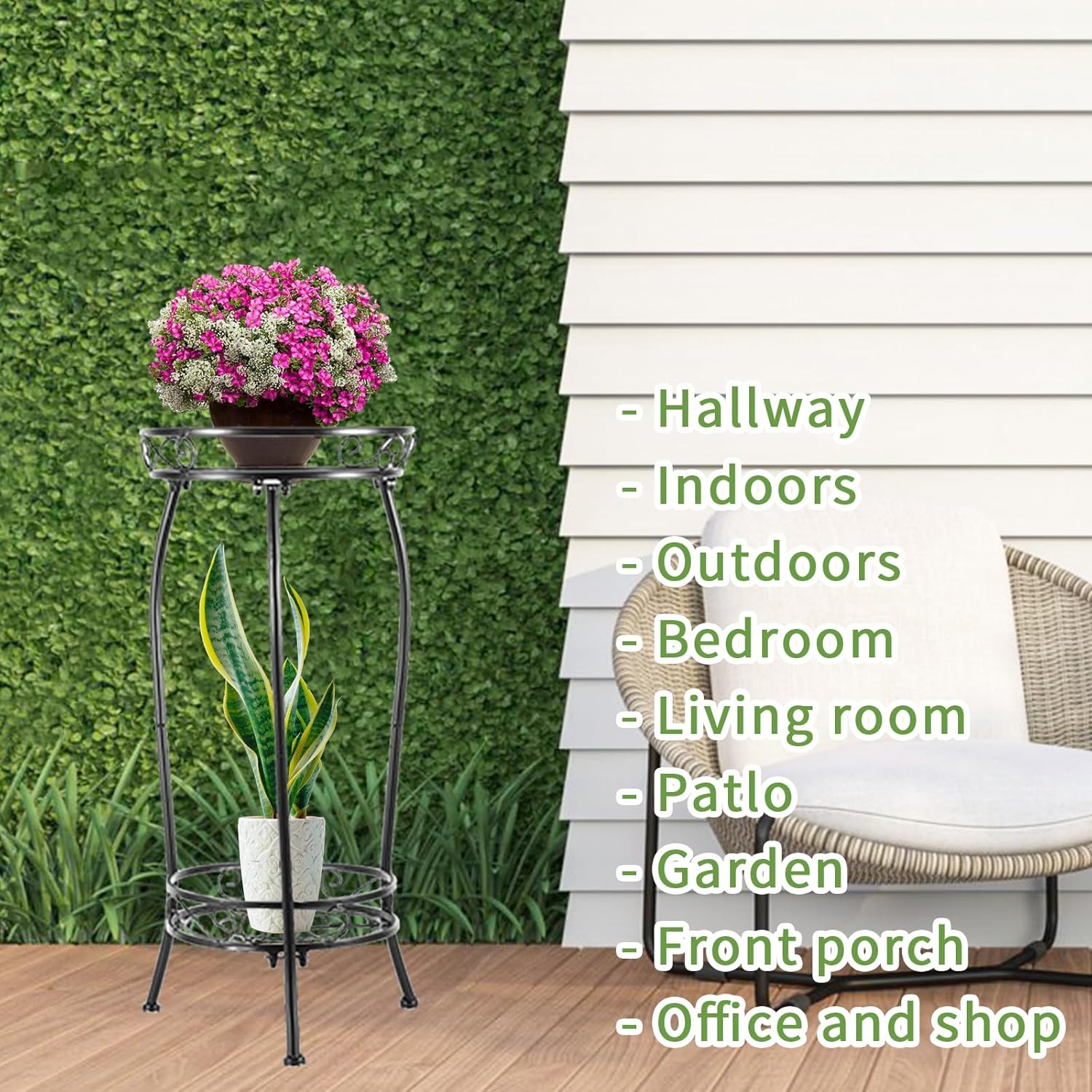 Soporte para plantas para interiores y exteriores, 2 niveles de 27 pulgadas de alto, soporte de metal para maceta, soporte resistente para plantas,