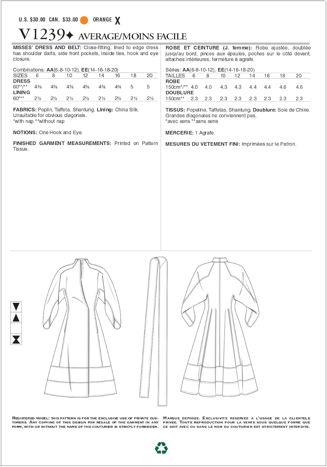 VOGUE PATTERNS V1239 Vestido y cinturón de señorita, talla AA (6-8-10-12)