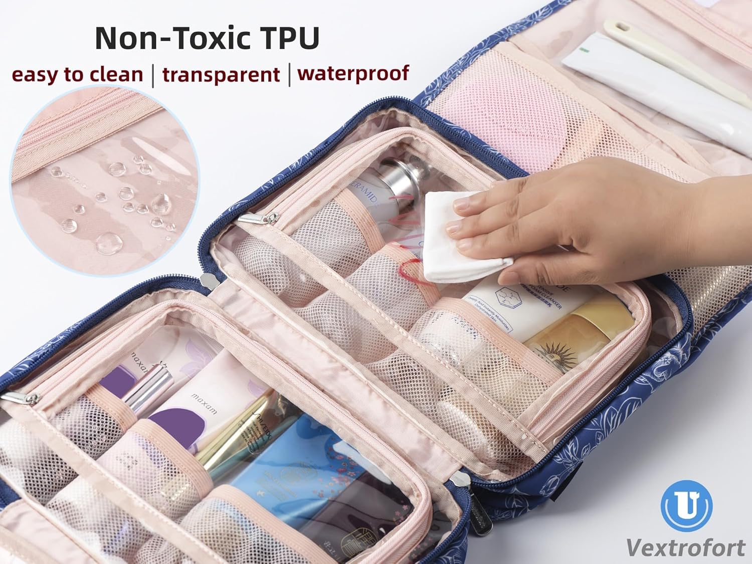VEXTROFORT Neceser para mujer, bolsa de maquillaje de viaje colgante grande, resistente al agua para artículos de tocador, cosméticos, cepillos,