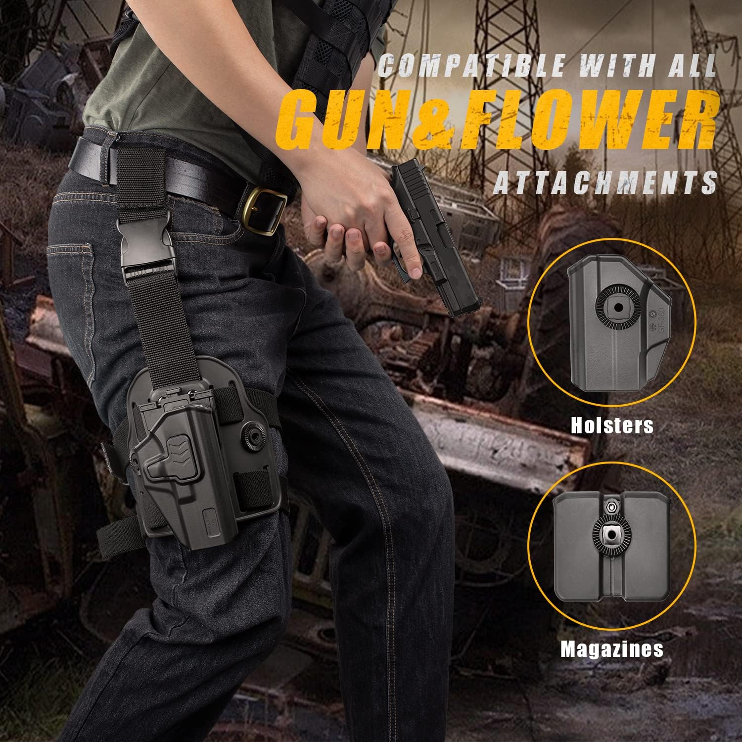 Funda táctica de pierna caída, nivel II para muslos Glock 17, 19, 19X, 22, 23, 31, 32 (Gen1-5), G22 (Gen 1-4), 45Colt-Elite 1911 ForceKimber