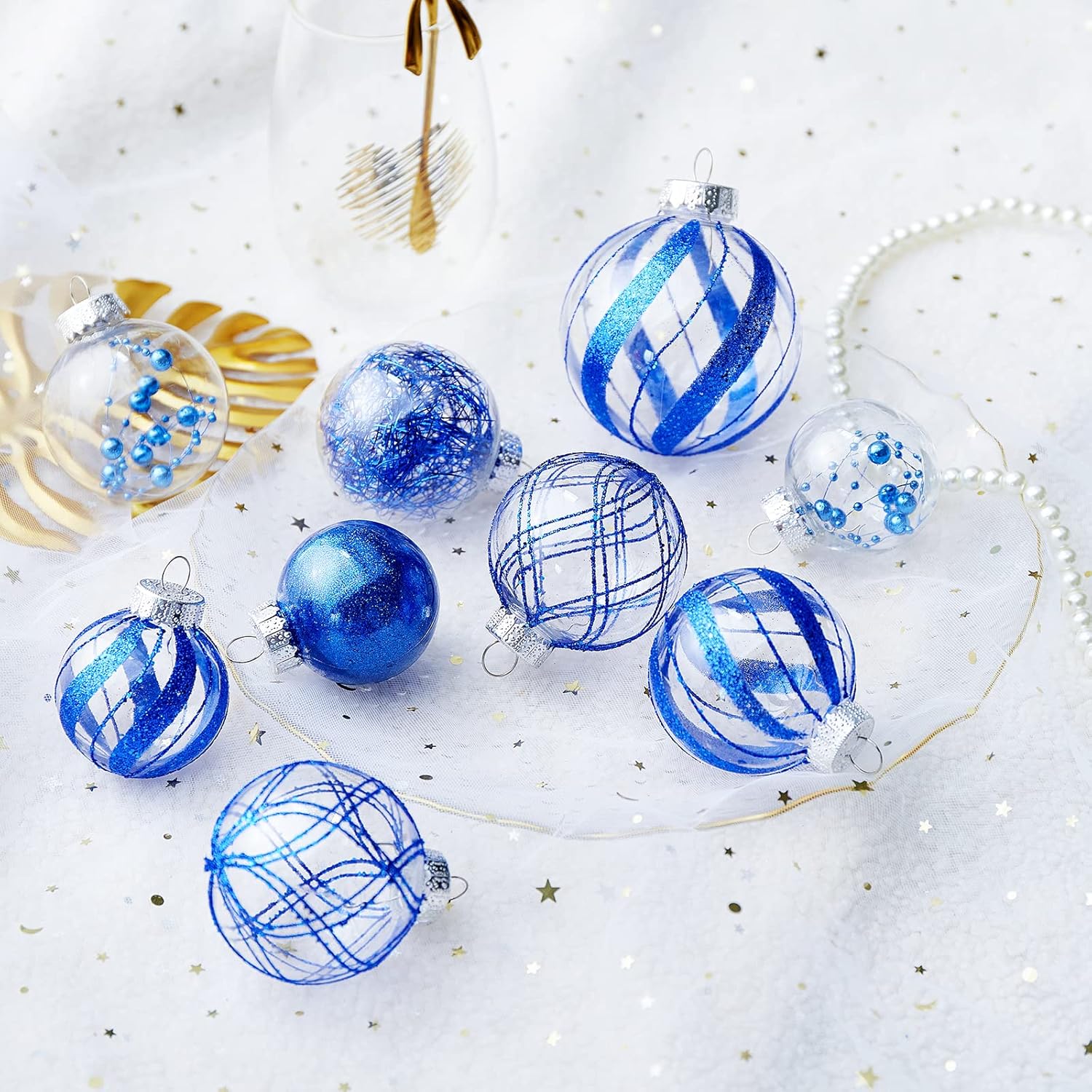 Adornos de bola de Navidad inastillables de 24 quilates, decoraciones rellenas con purpurina para árbol, color azul