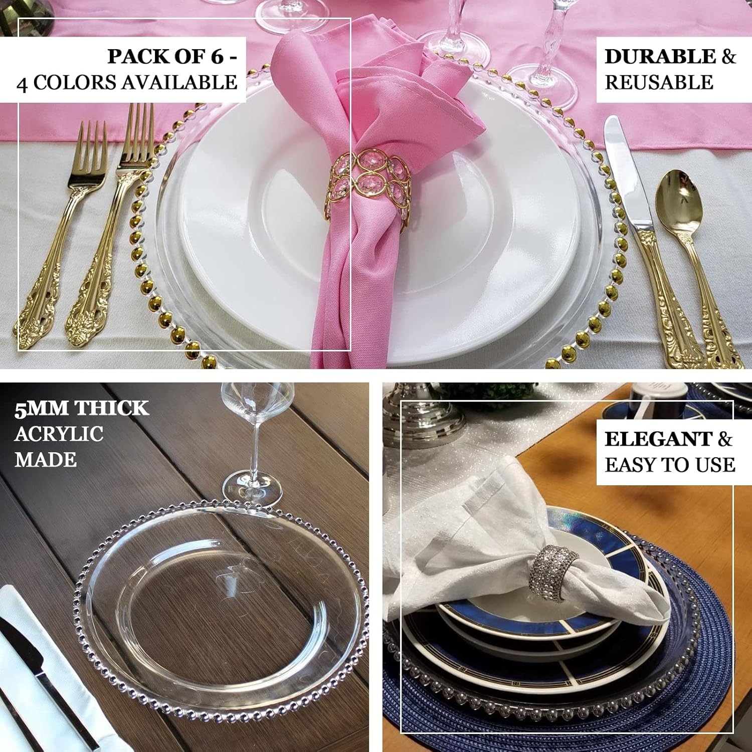 Efavormart – Paquete de 6 platos de carga redondos con borde de cuentas de plástico acrílico gris carbóndorado de 12 pulgadas