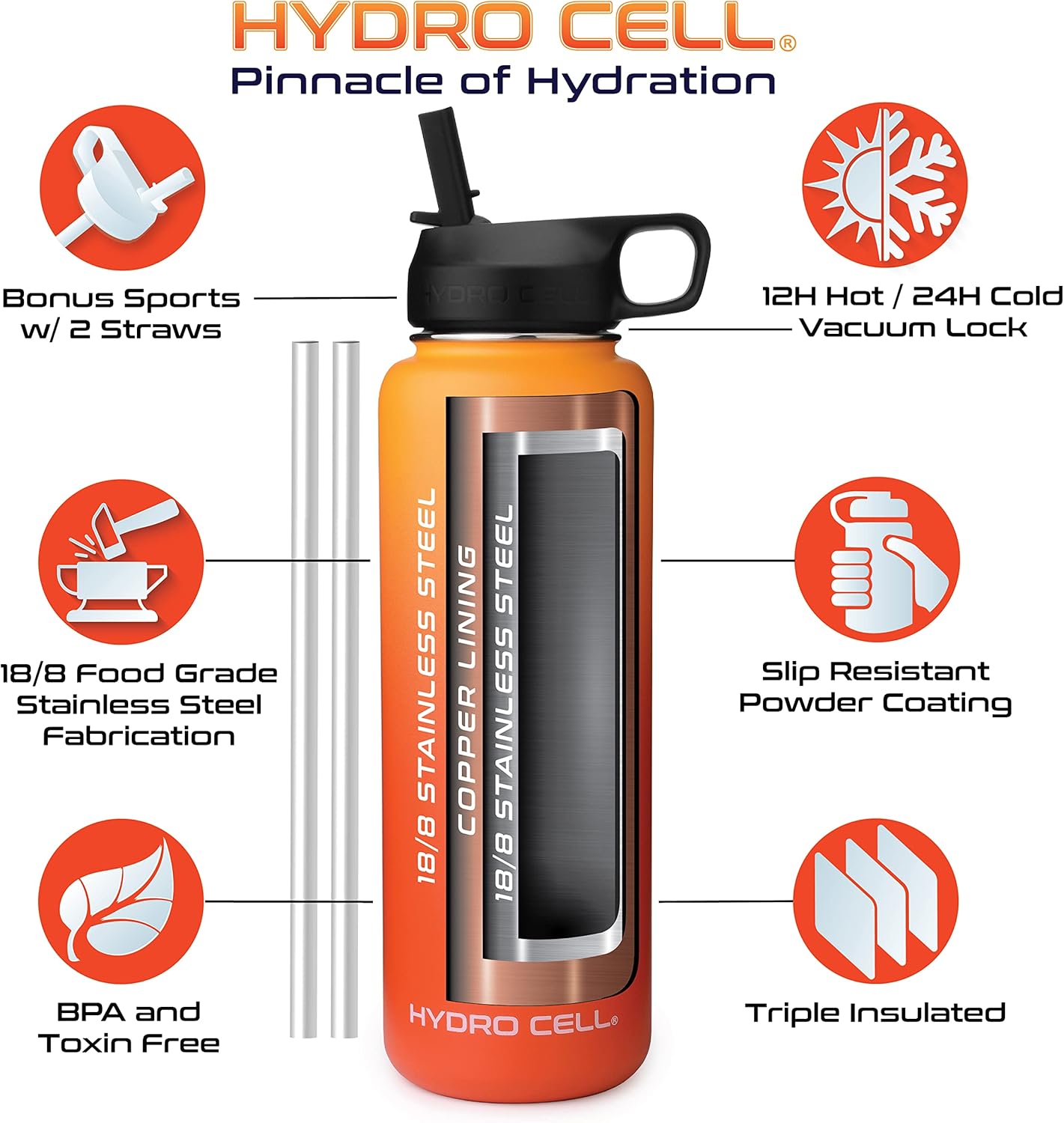 HYDRO CELL – Botella de agua con aislamiento térmico de acero inoxidable con pajilla, para bebidas frías y calientes, termo deportivo con tapón con