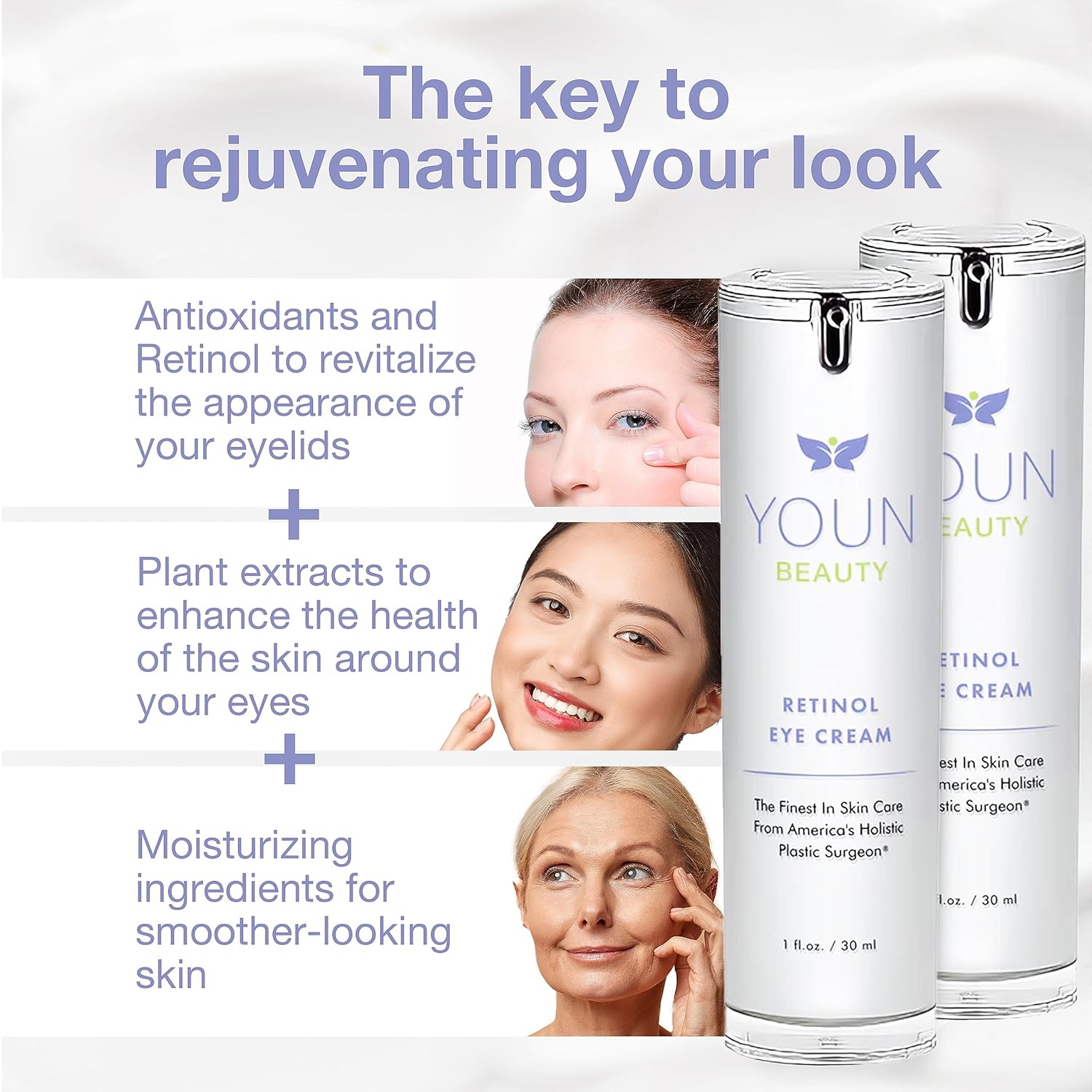 YOUN Beauty Crema de ojos Retinol por Holistic Plastic Surgeon Dr. Anthony Youn – Crema de ojos de noche sin parabenos con 1% de retinol y ácido