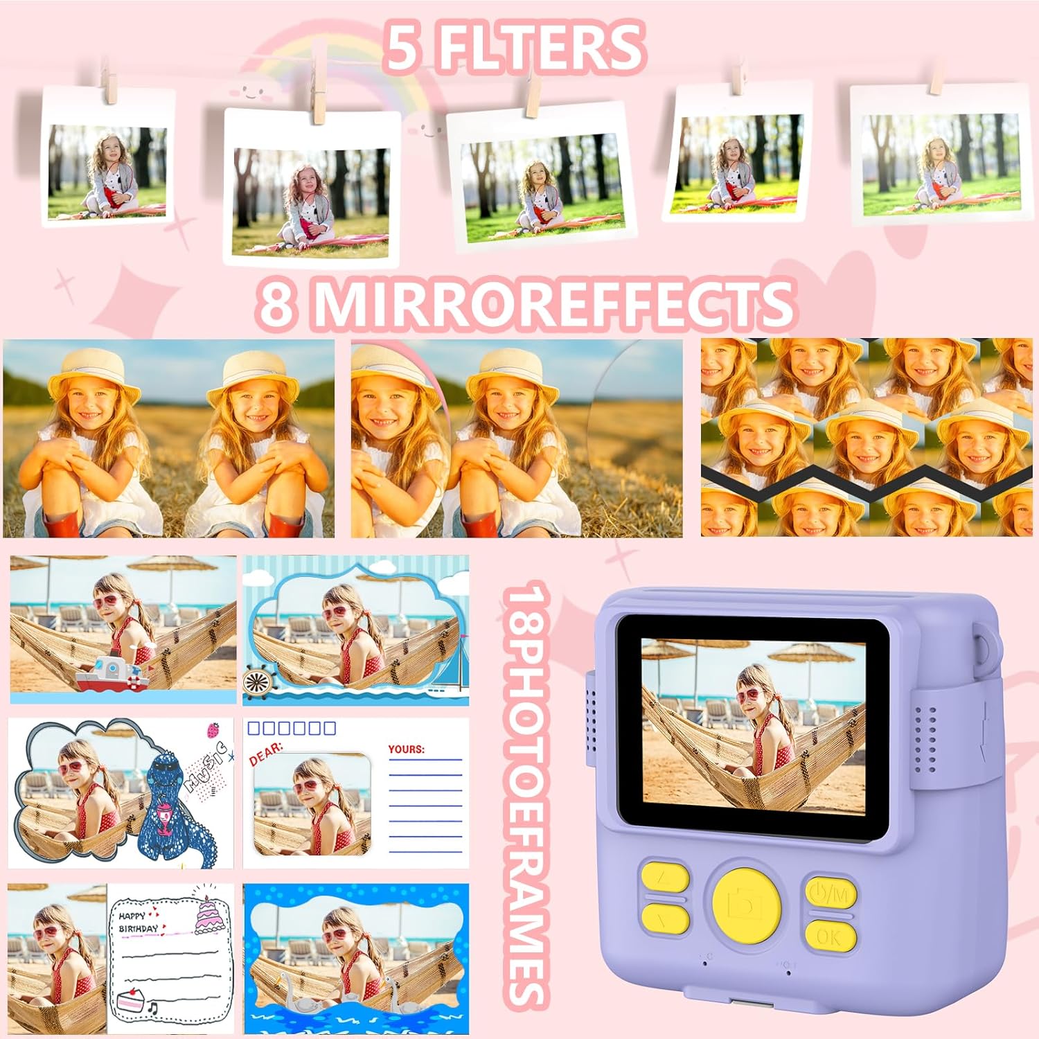 Cámara de impresión instantánea para niños, regalos de cumpleaños de Navidad para niñas de 3 a 12 años, cámaras de video digitales HD 1080P para