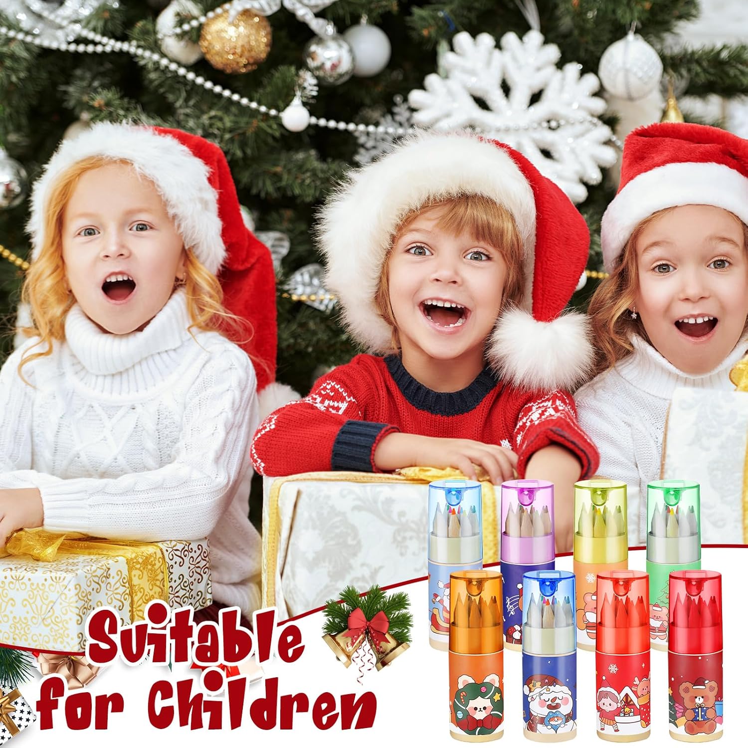 Fumete Paquete de 32 mini lápices de colores de Navidad a granel con sacapuntas en tubo de dibujo, lápices de colores para niños, lápices de