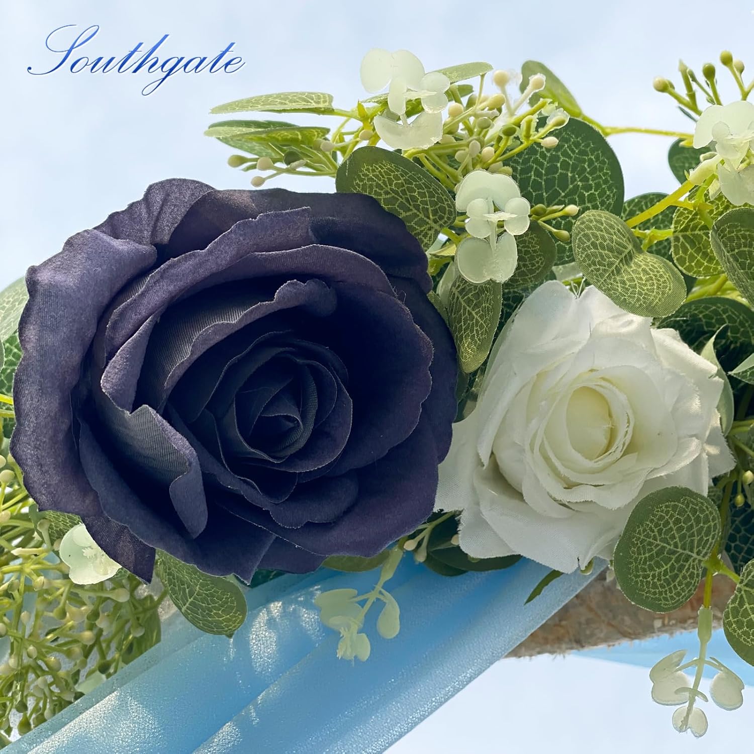 SOUTHGATE Guirnalda de eucalipto artificial de 6.9 pies con flores, flores de rosa, guirnalda de vides florales para decoración de fiestas, bodas,