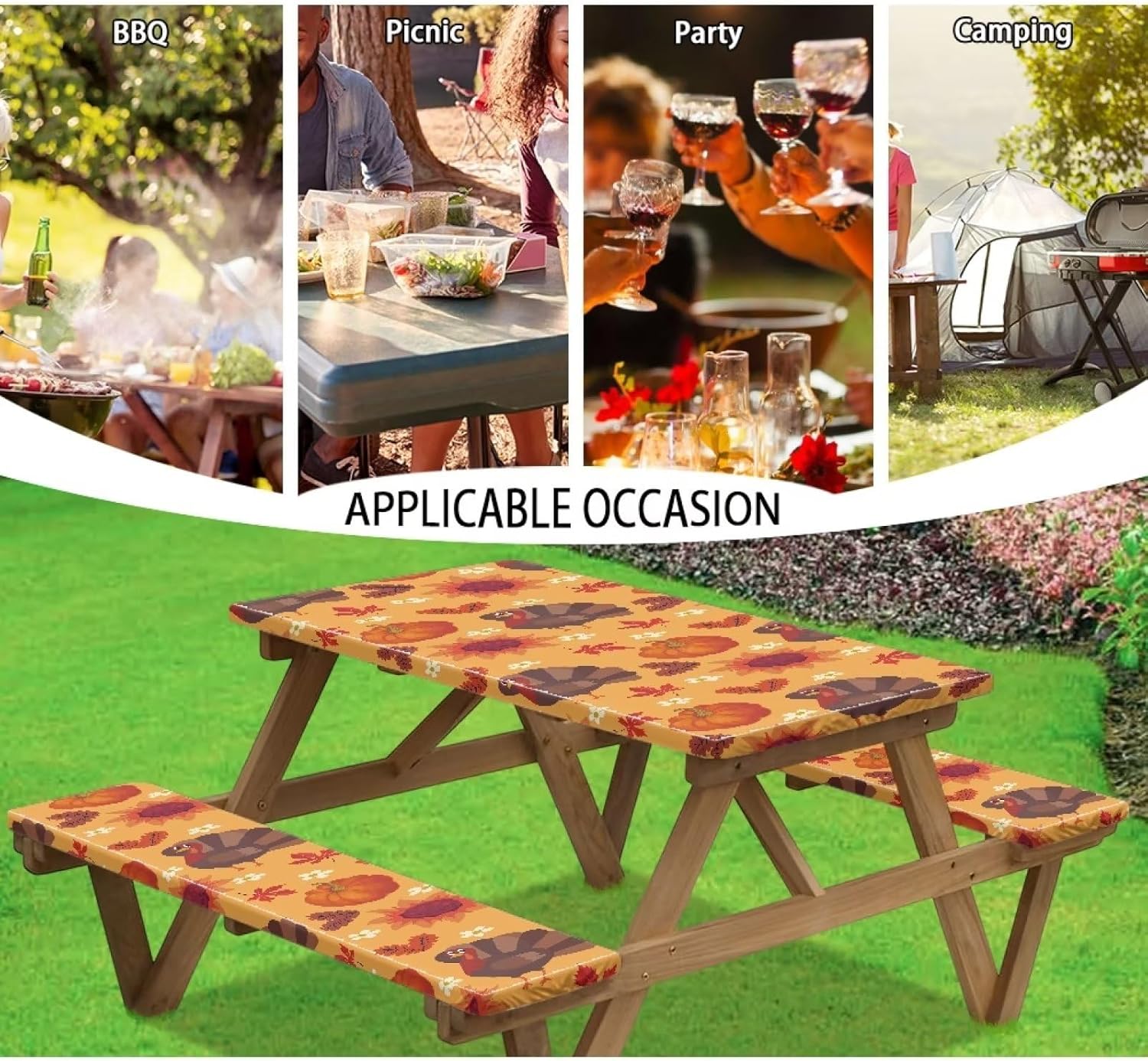 Eheartsgir Juego de 3 piezas de mantel de picnic con hojas de arce de pavo y girasol, lavable a máquina, fácil de instalar, funda para mesas y