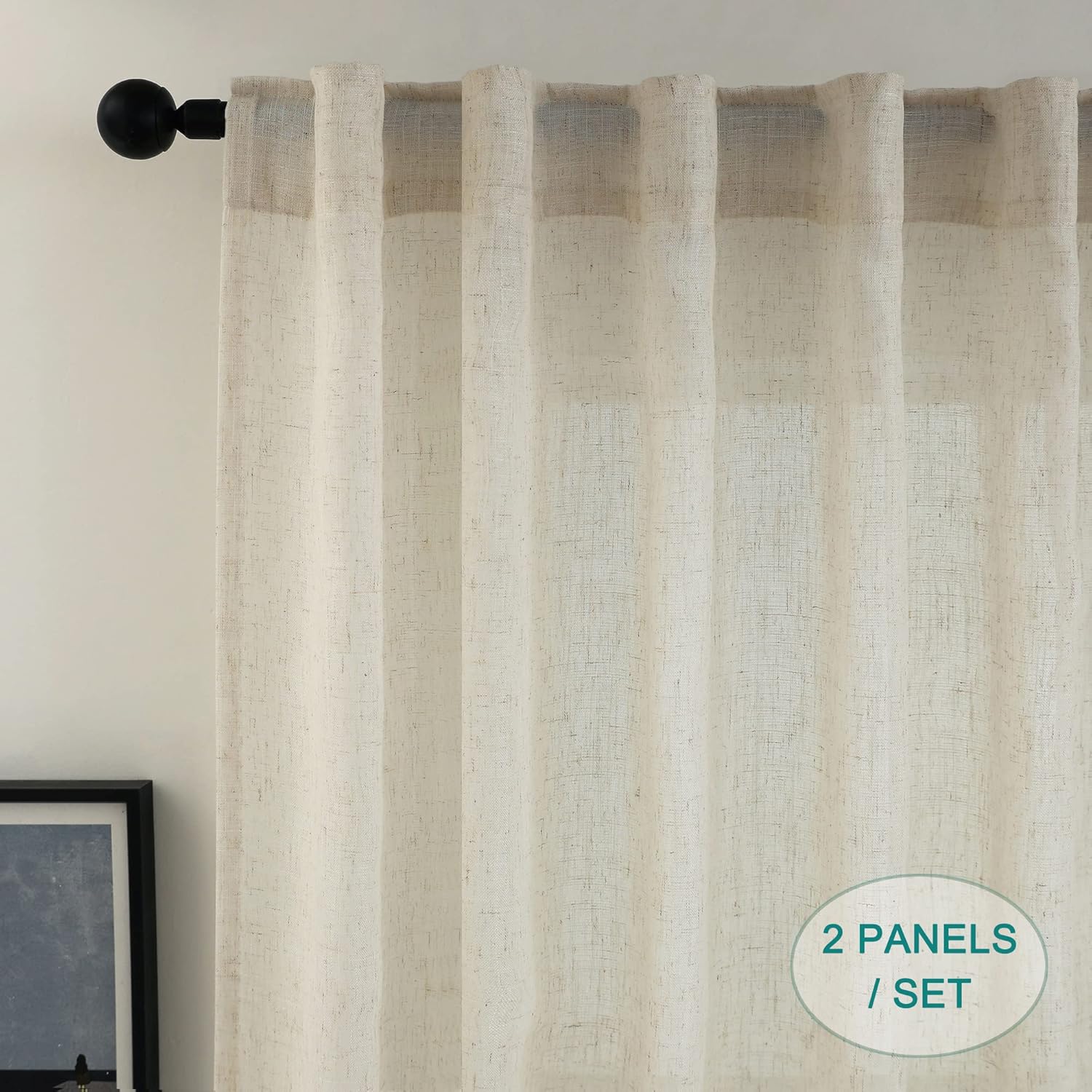 Cortinas de lino natural de 84 pulgadas de largo, con bolsillo y trabillas traseras, cortinas texturizadas de algodón, juego de 2 paneles de