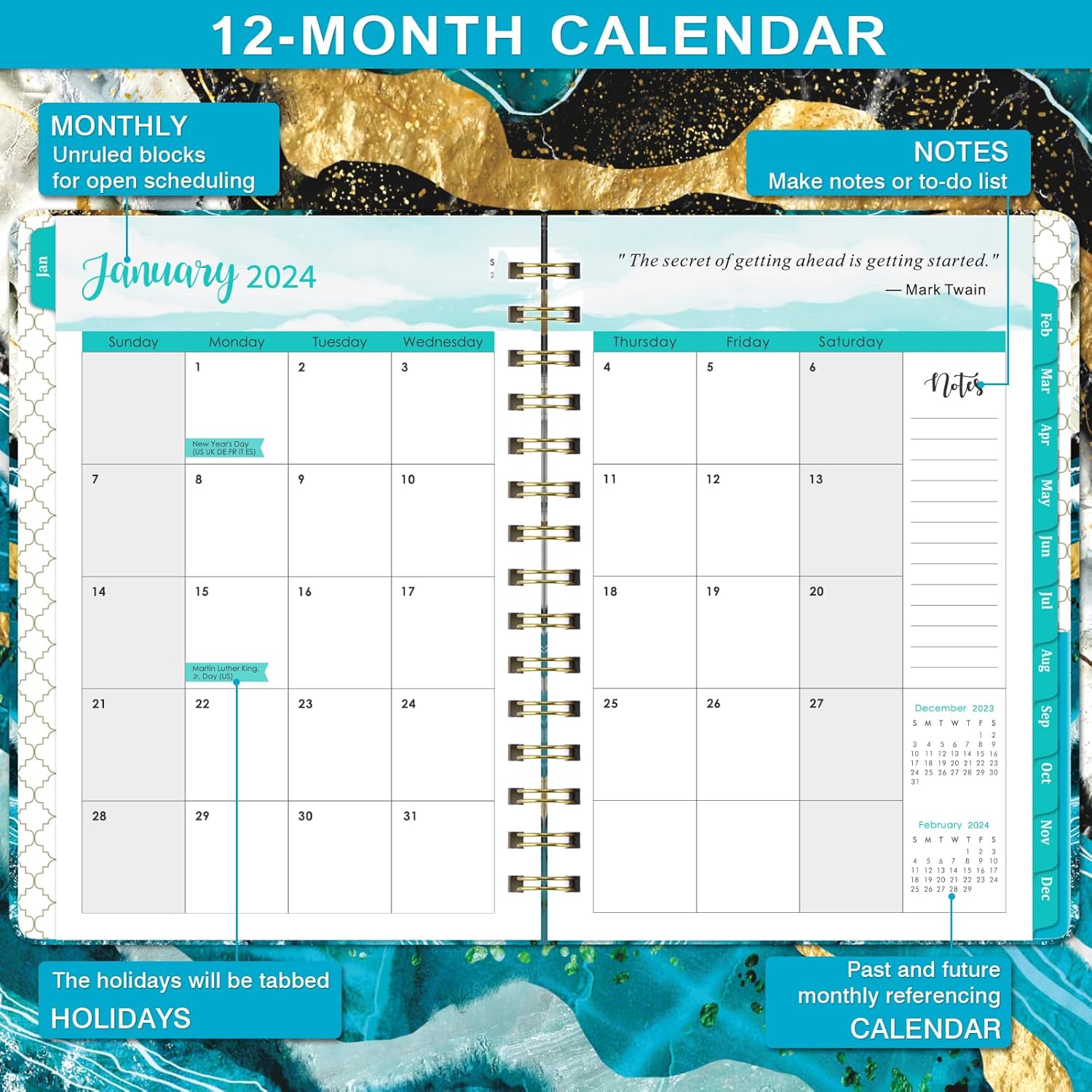 2024 Planner – 2024 Planner Weekly and Monthly, January – December 2024, 8.43″ x 6.3″, Calnedar Planner 2024 with Strong Golden Binding, Elastic
