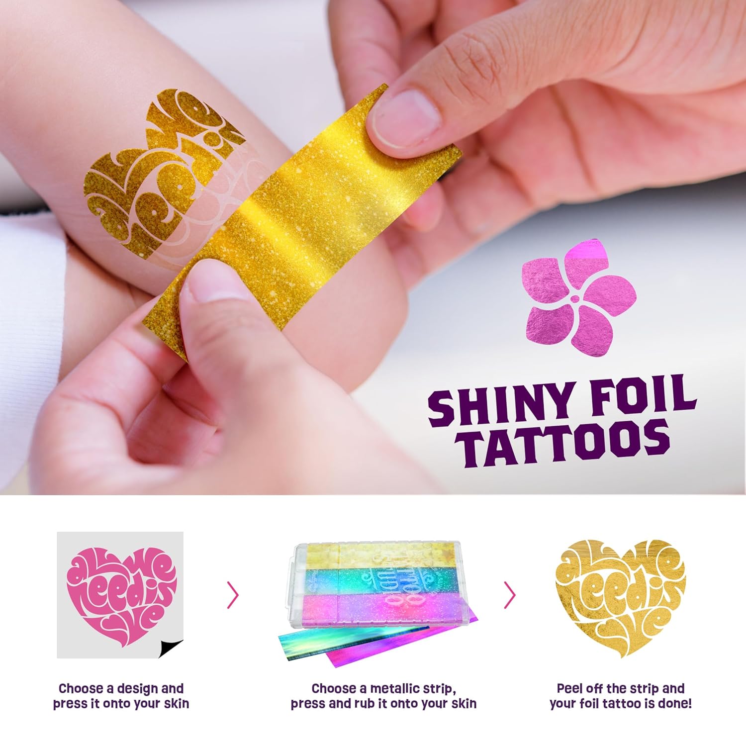 Kit de estudio de tatuajes temporales brillantes para niños, tatuajes falsos metálicos y con purpurina para niñas, ideas de regalo de cumpleaños
