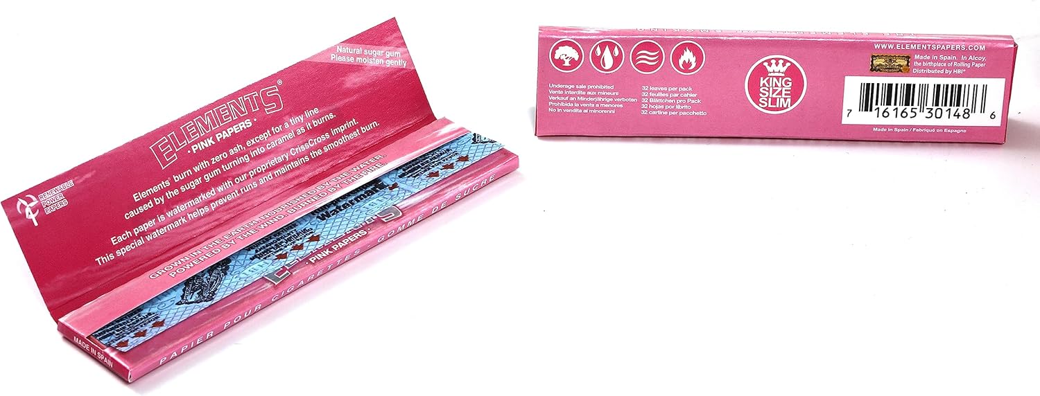 Elements Papel de liar ultra fino tamaño King Slim PINK – 5 folletos160 papeles