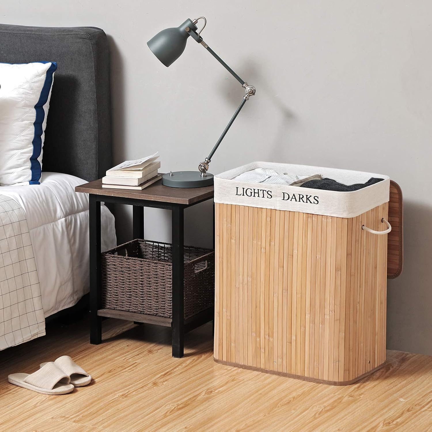SONGMICS 100L (24.6 x 20.5 x 12.6 in) cesta de lavandería plegable de bambú con 2 compartimentos cesta de lavandería con bolsa de lavandería