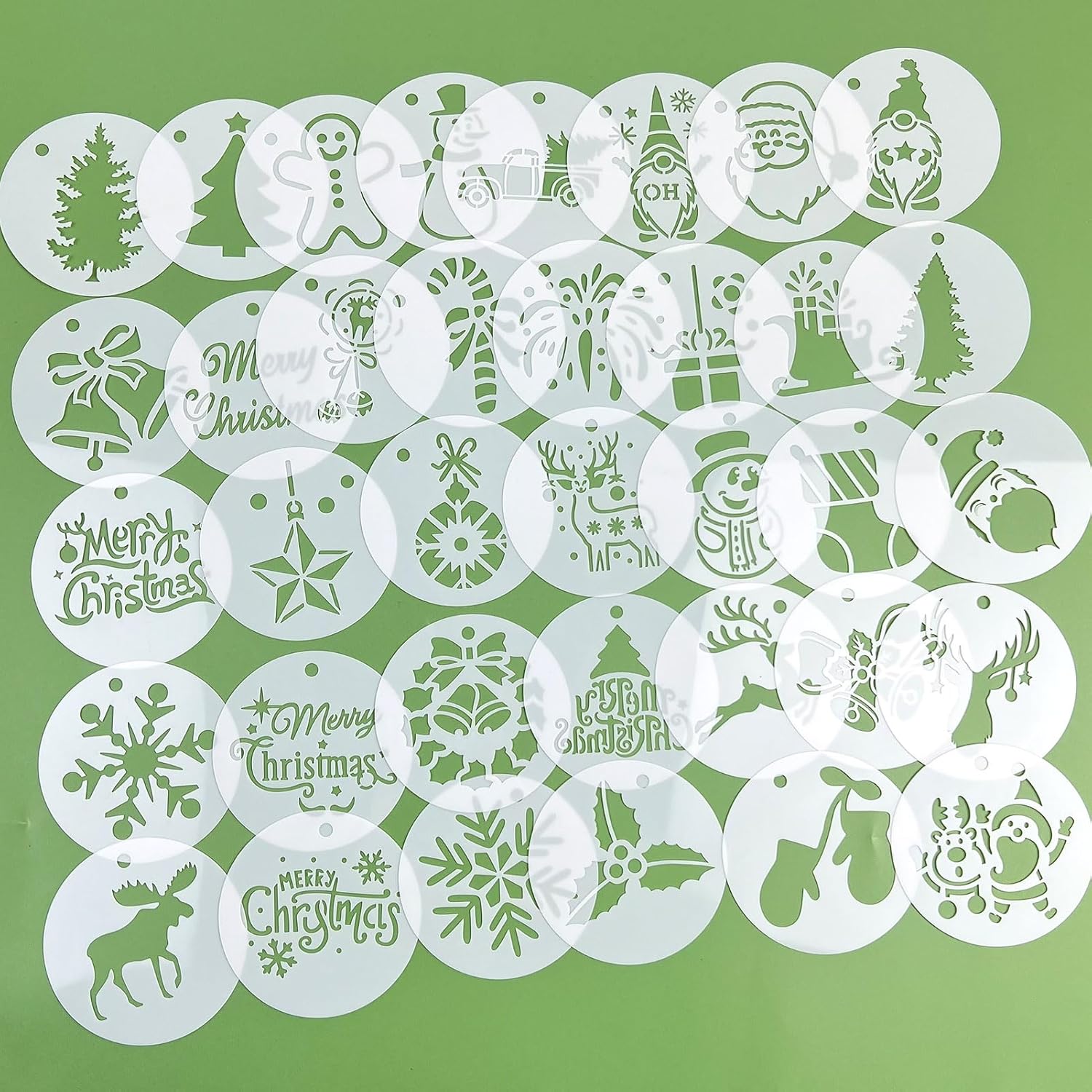 36 plantillas pequeñas redondas de Navidad para rebanadas de madera, plantillas de Navidad de invierno de 3 x 3 pulgadas, incluyendo Papá Noel,