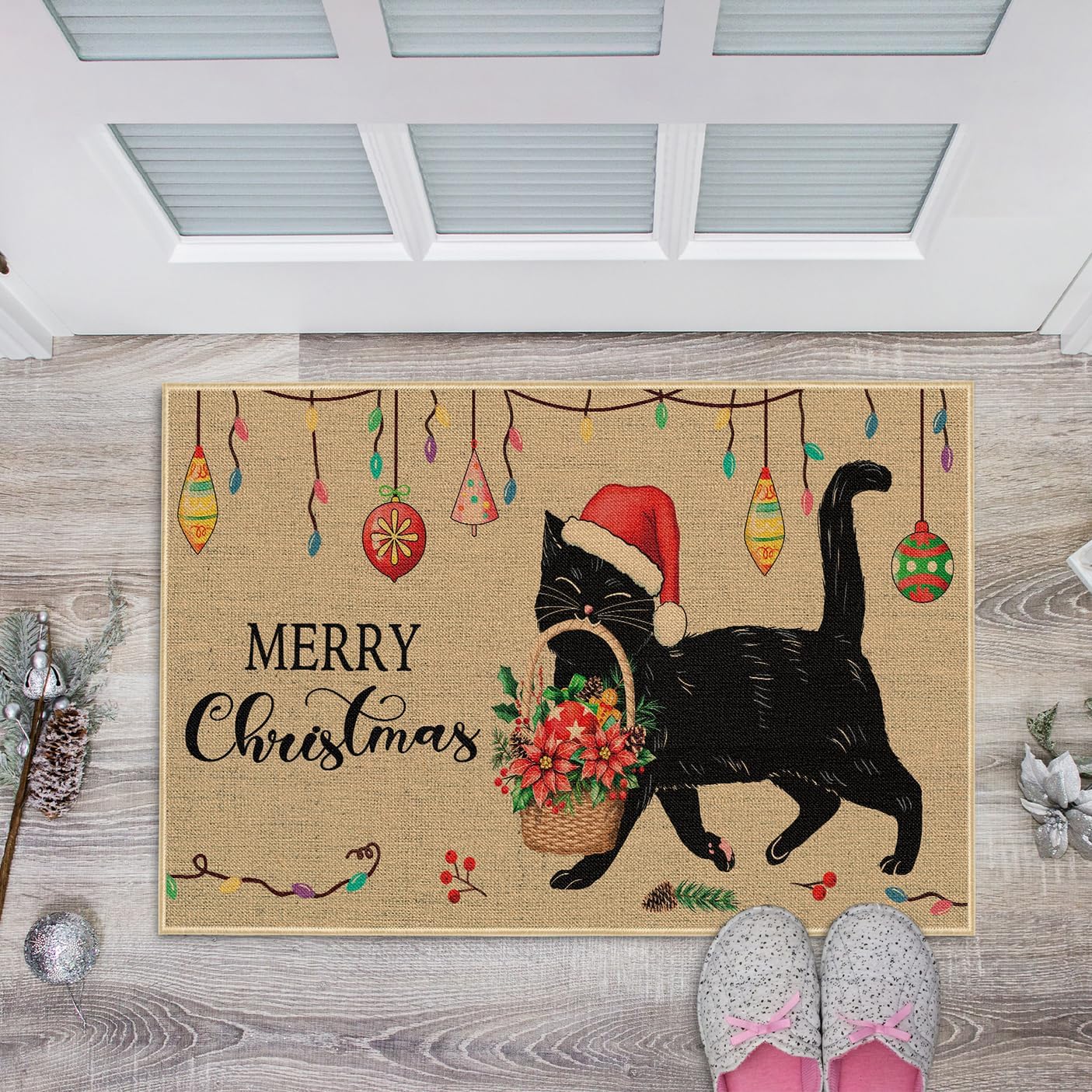 Louise Maelys Tapete de puerta de gato negro de Navidad, antideslizante, con patrón floral para patio, cocina, interior y exterior, entrada, 17 x 29
