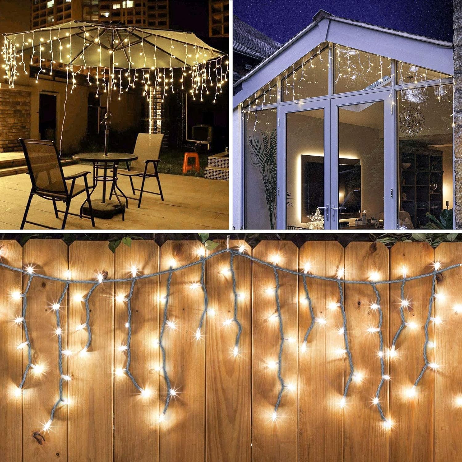 Luces de cortina de hadas para jardín, luces de carámbano, 102 LED con batería para exteriores, con mando a distancia y temporizador, cable verde