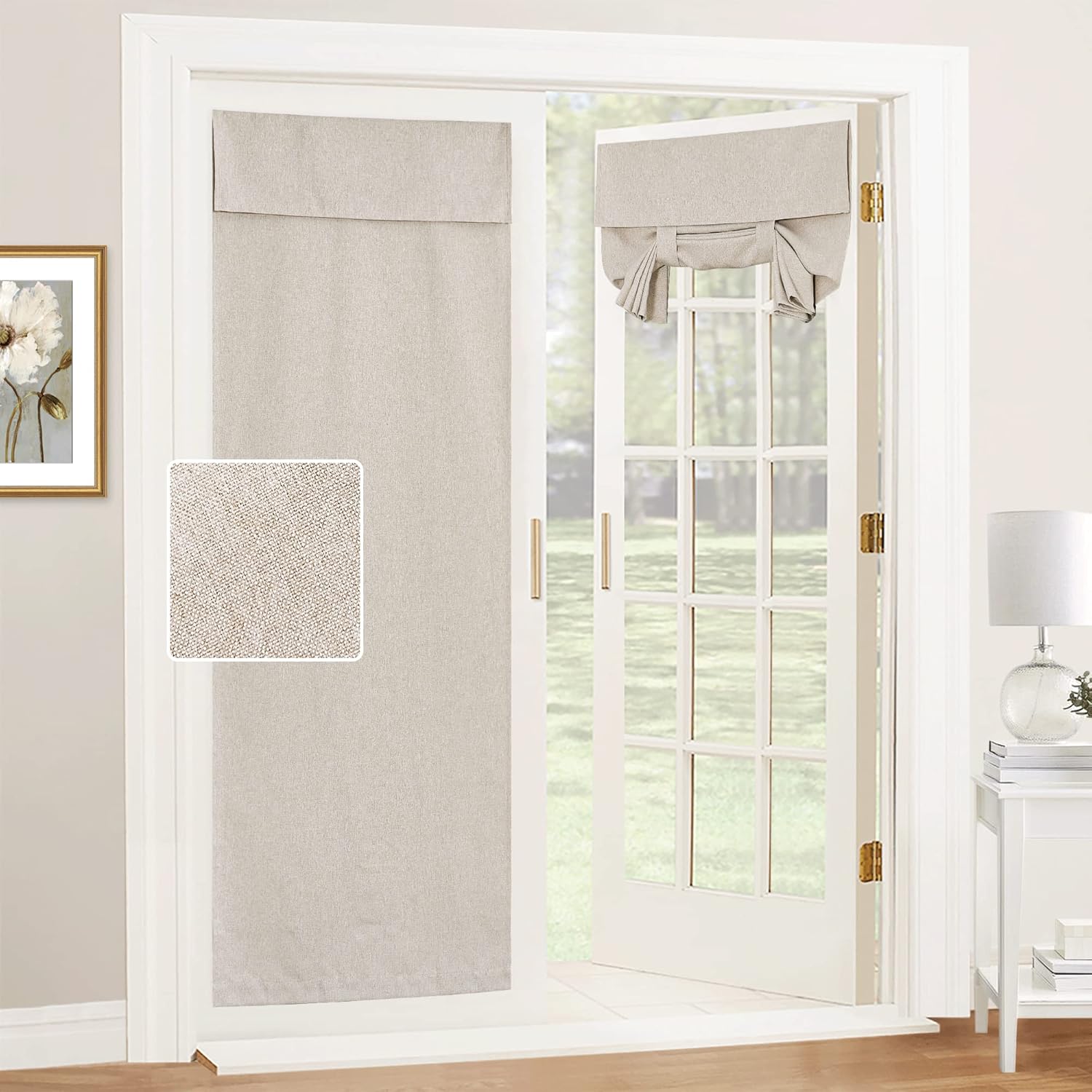 RYB HOME Persianas de puerta francesa con mezcla de lino, autoadhesivas, privacidad para oscurecer la habitación, cortinas de ventana de puerta de
