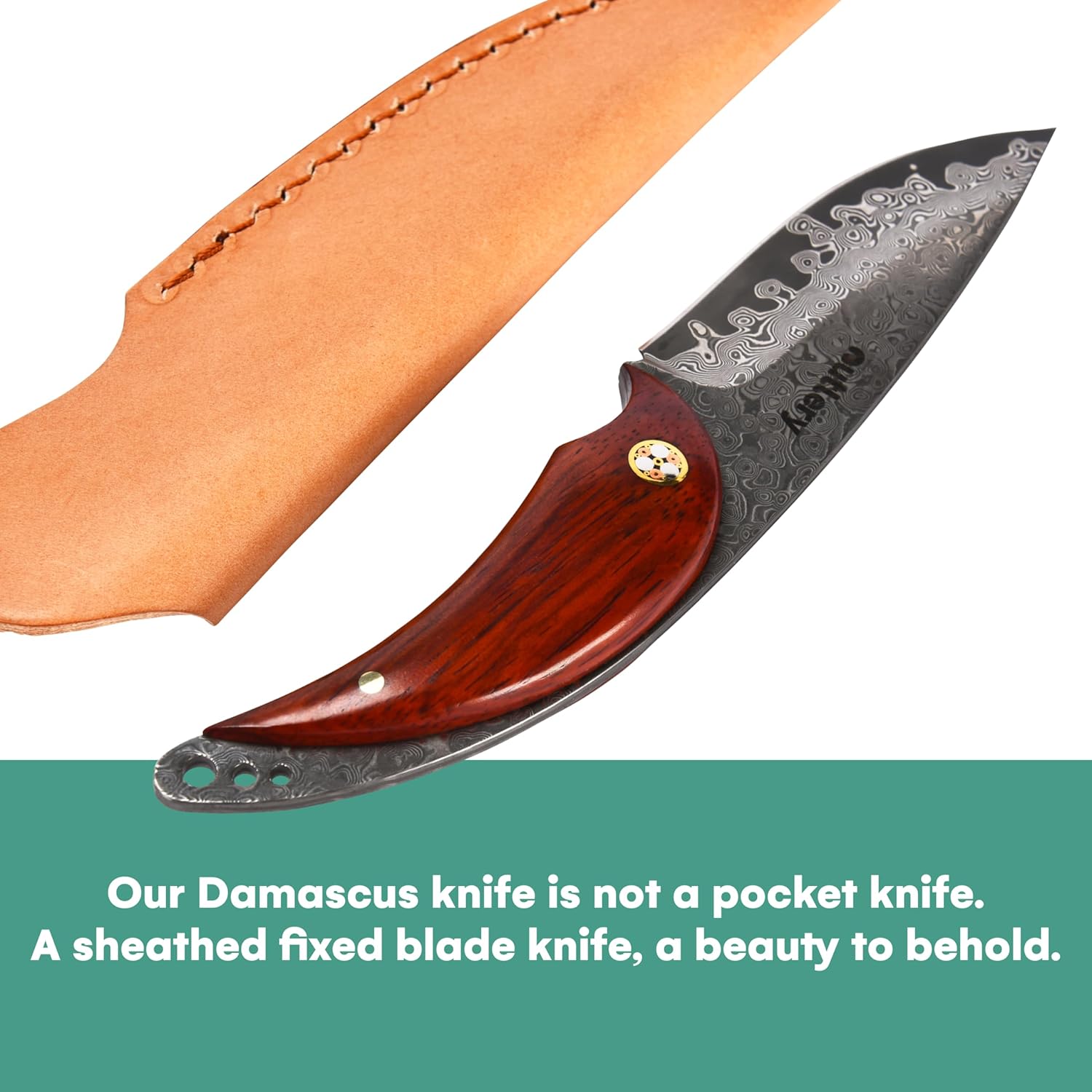 Outlery Cuchillo de acero de Damasco  Cuchillo táctico de caza de hoja fija con funda para cinturón, acero de calidad hecho a mano, ideal para