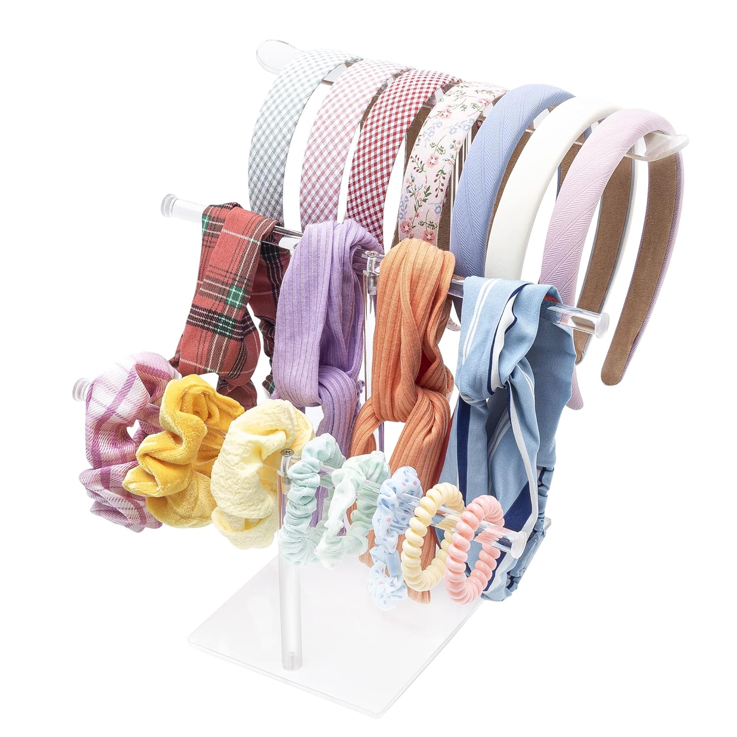 Acrylic Headband Holder Organizer Storage, 3-Tier Clear Scrunchie Holder Stand Hair Accessories Organizer Hair Tie Display Headband Stand for Women