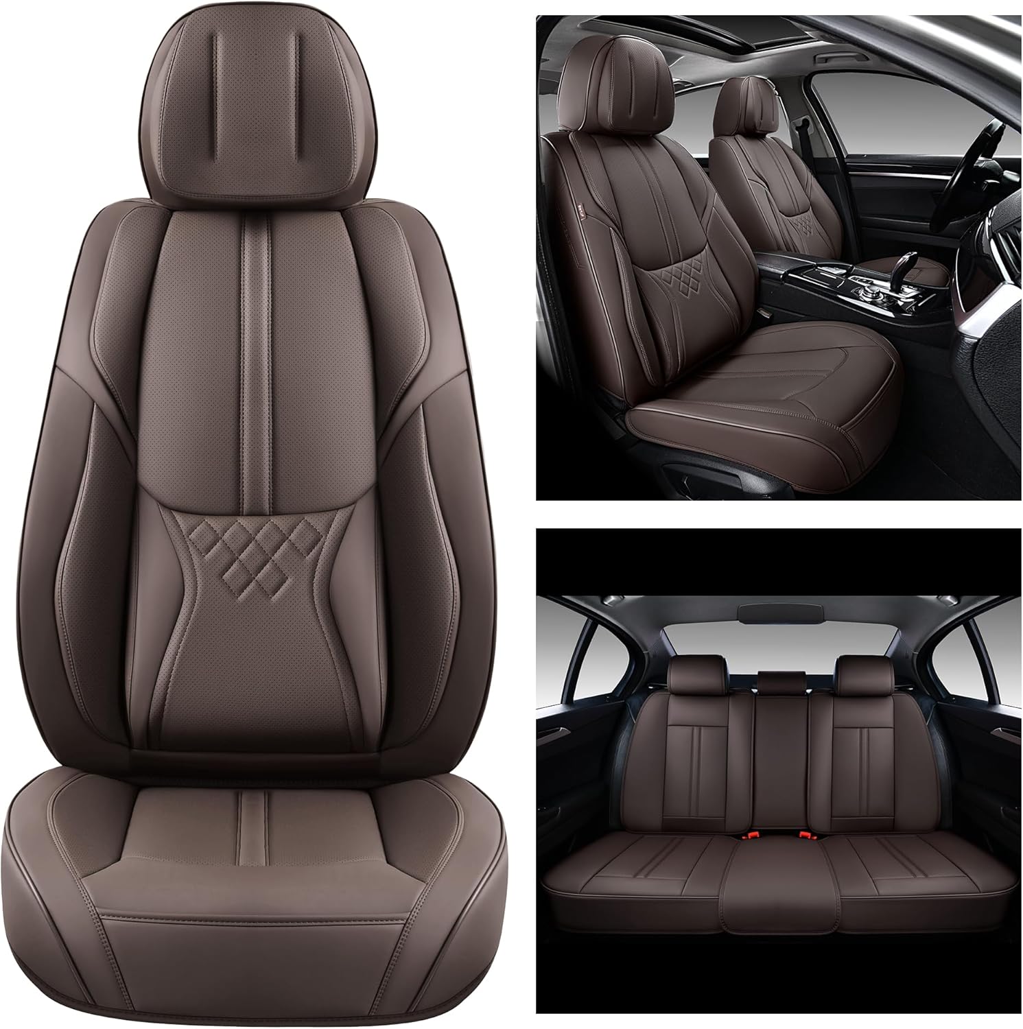 Juego completo de fundas de asiento de coche marrones, fundas de asiento delantero y trasero, 5 piezas, protectores universales de cuero sintético
