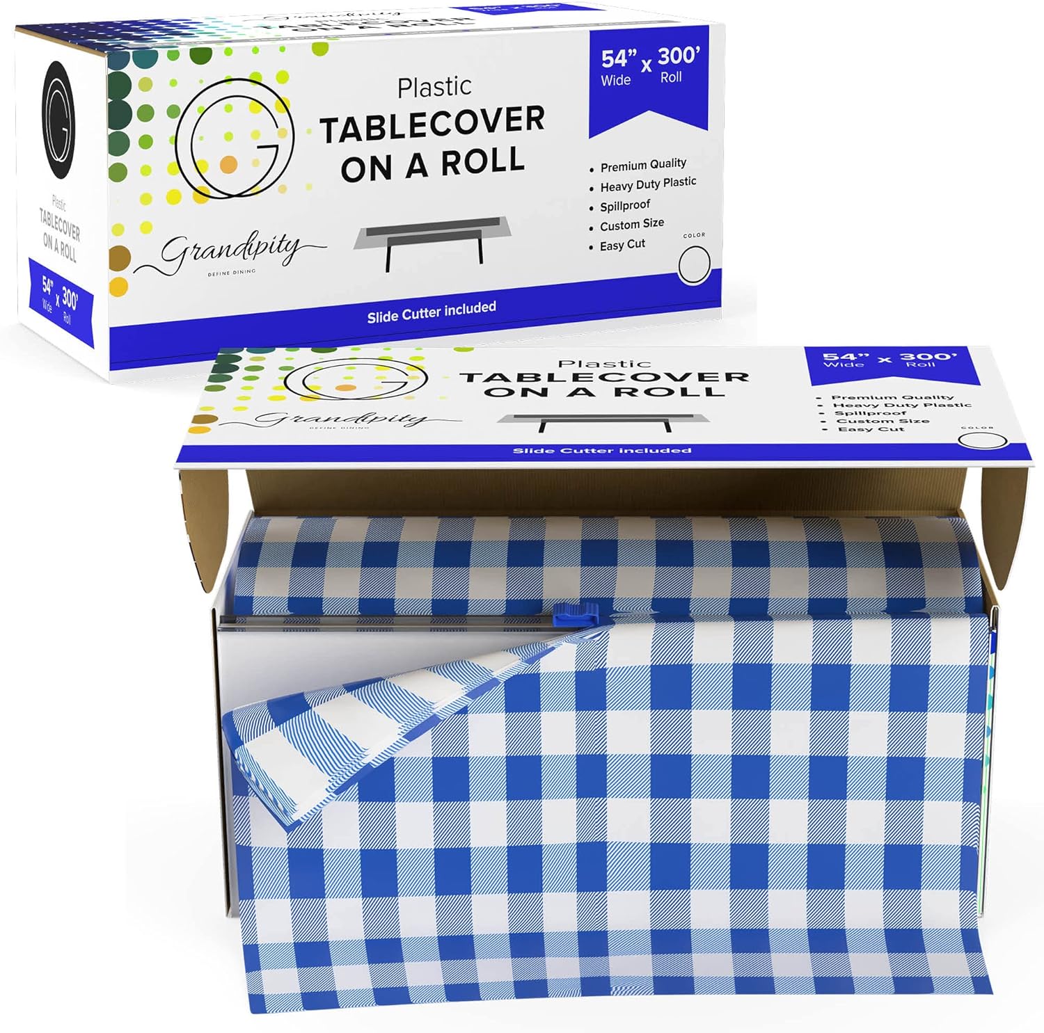 Grandipity Rollo de mantel de plástico, 54 x 300 pies, manteles de plástico a cuadros azules para fiestas, desechable con caja de corte, mantel de