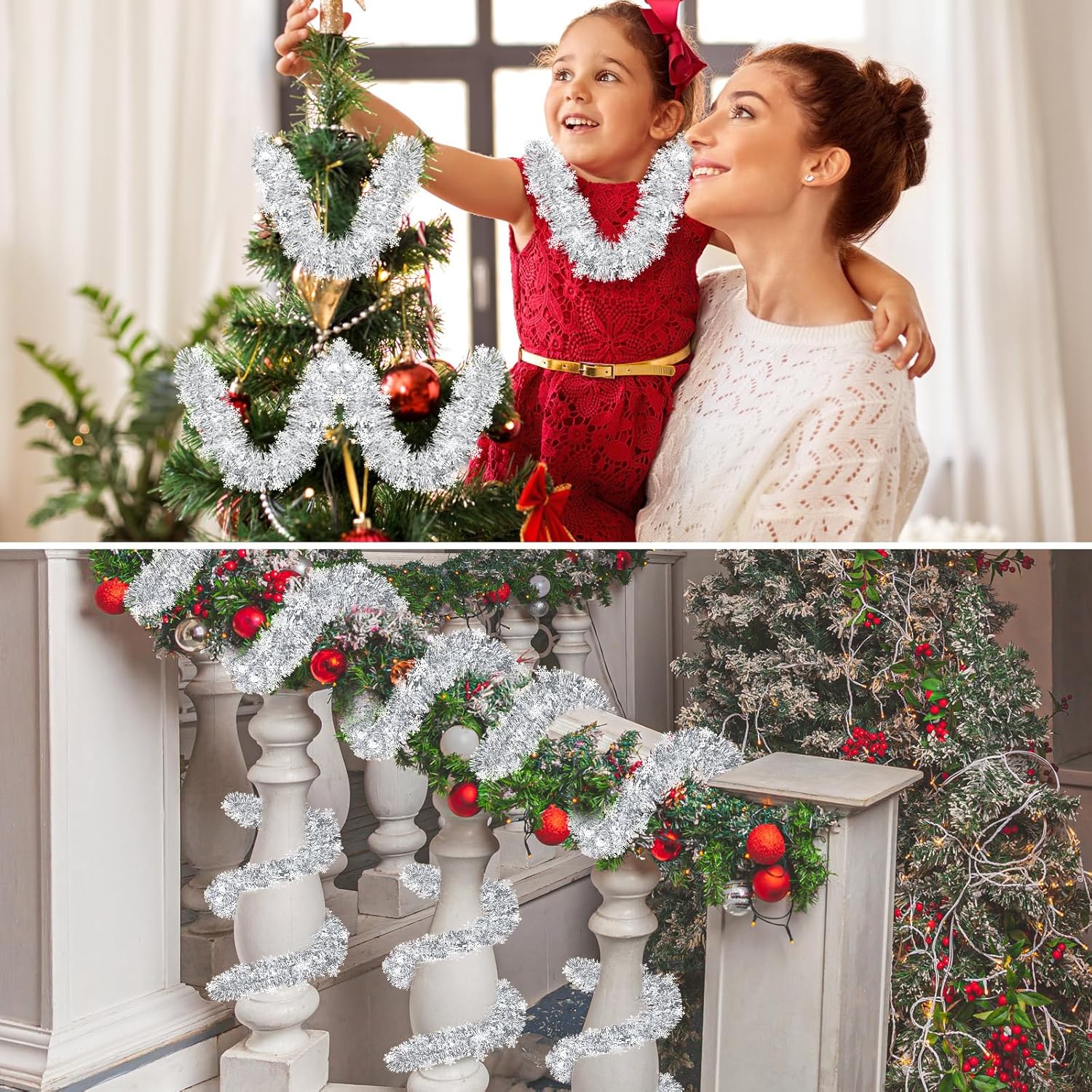 Guirnalda de oropel de copo de nieve de Navidad de 105 pies, guirnalda metálica torcida, decoración de Navidad, guirnalda de oropel de papel de