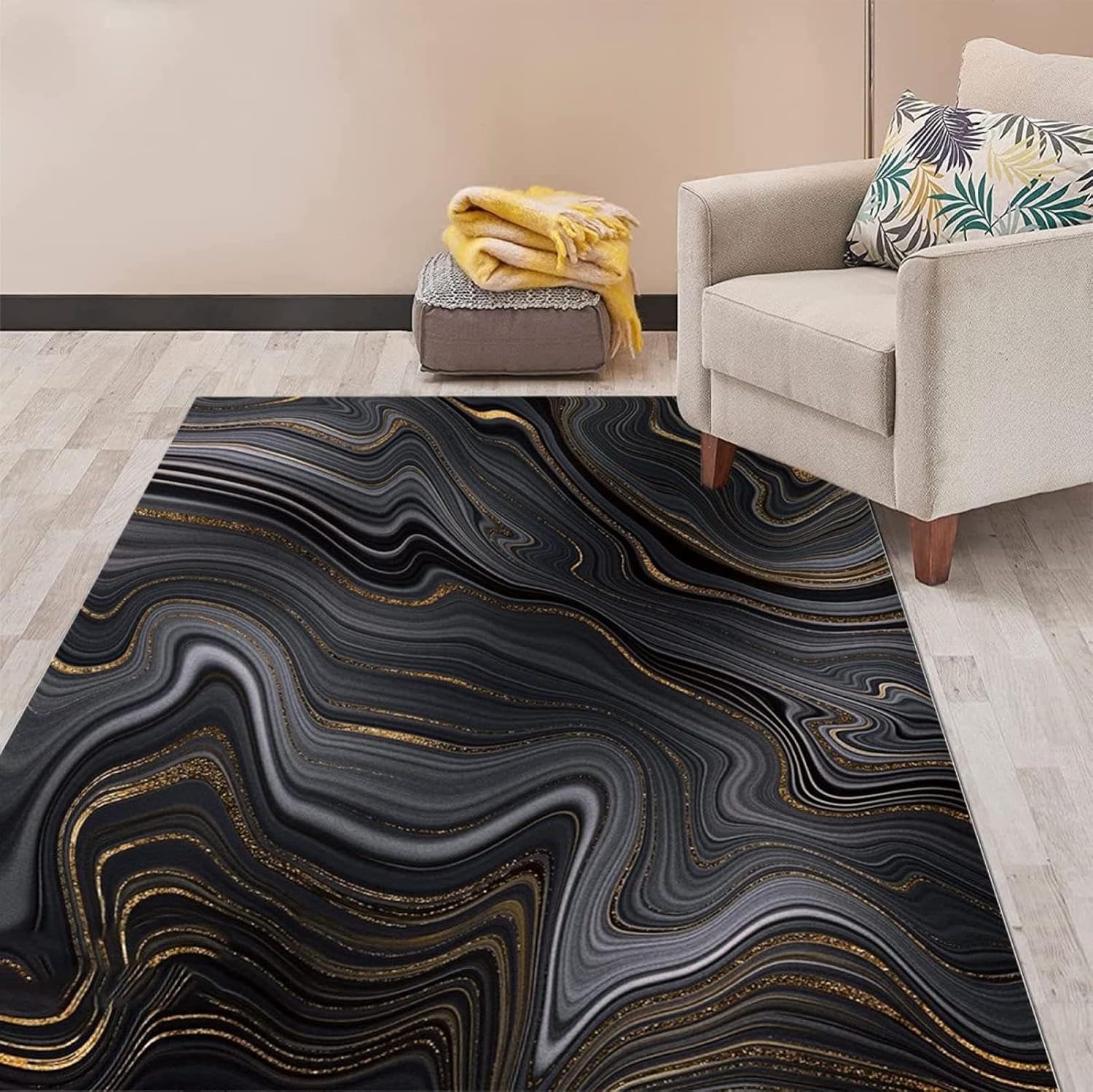 Lujosas alfombras de área de arte de remolino fluido, color negro y dorado, alfombra de dormitorio con textura de mármol abstracto, antideslizante,