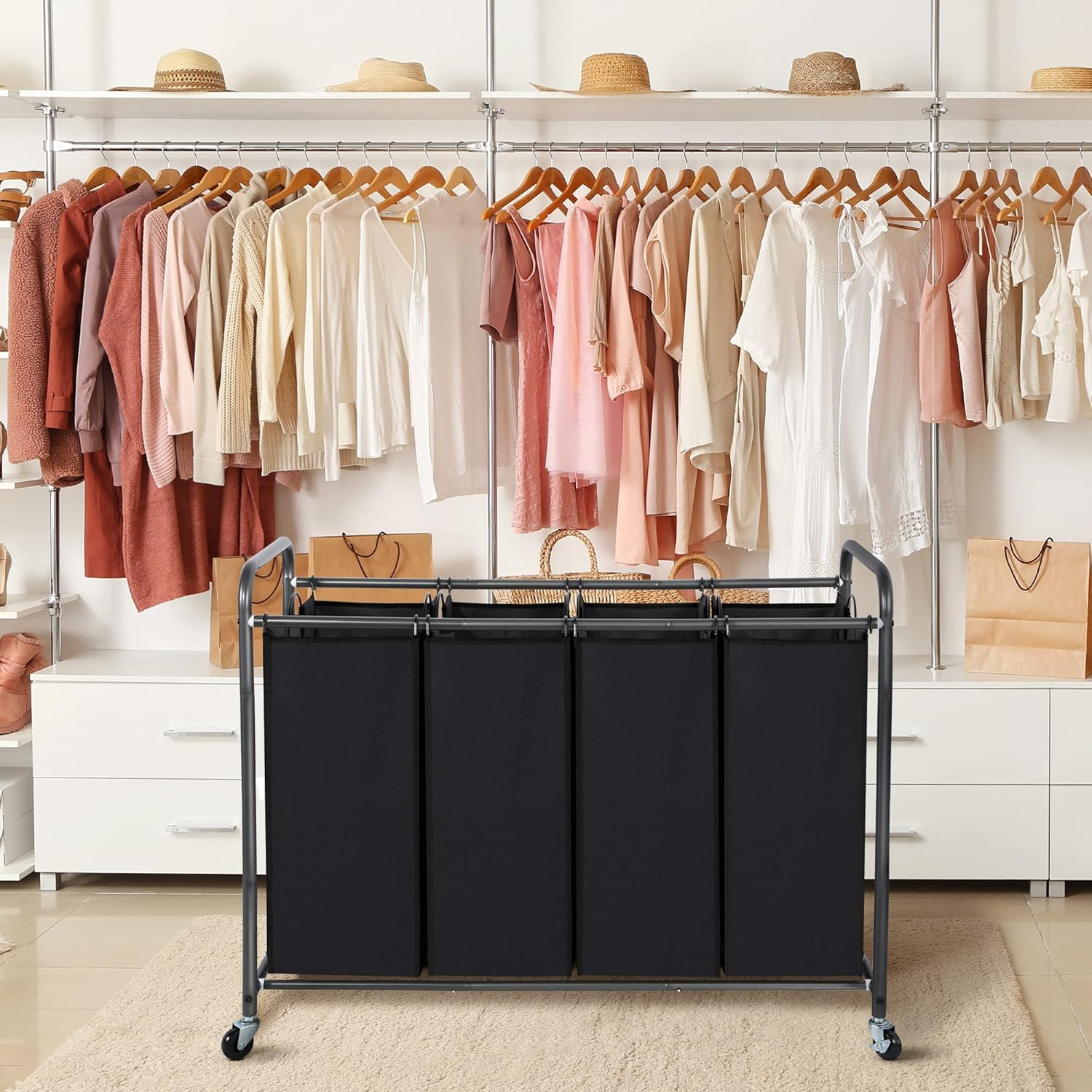STORAGE MANIAC Clasificador de ropa sucia de 4 secciones, cesta para la ropa sucia con ruedas, clasificador de cestas de lavandería, cesta