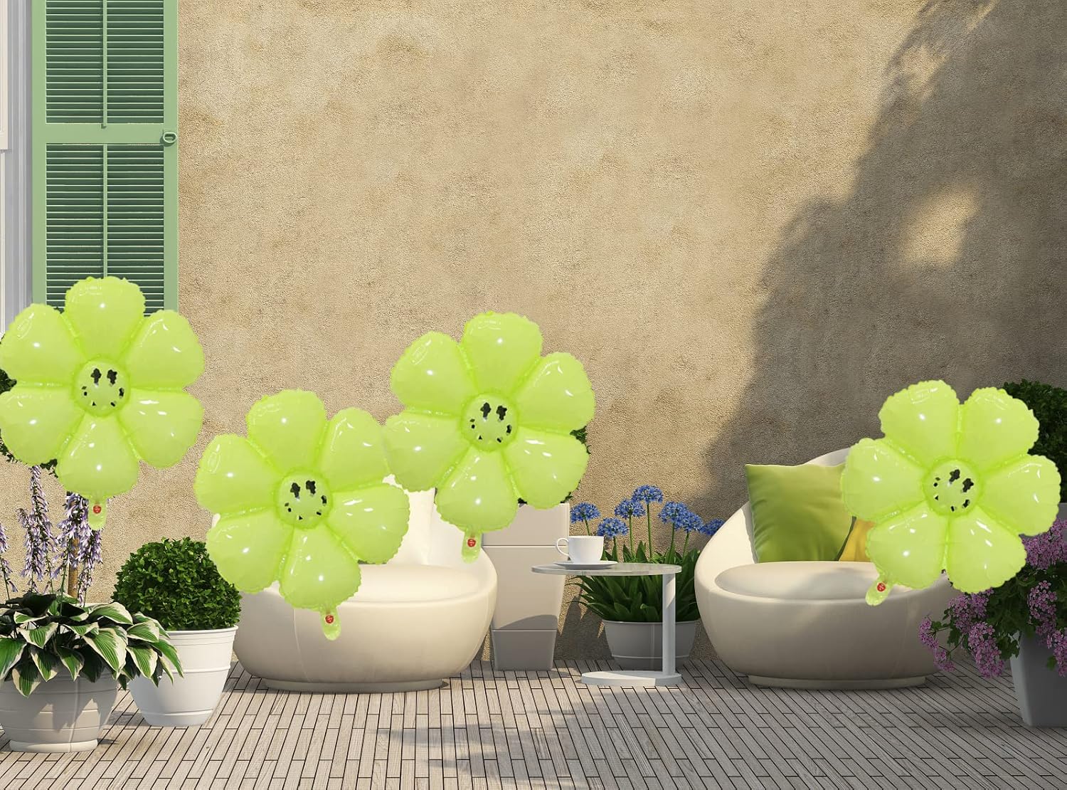 6 globos de margaritas con cara sonriente, decoración de fiesta, globo de flores, decoración de cumpleaños, boda, aniversario, fiesta (verde)