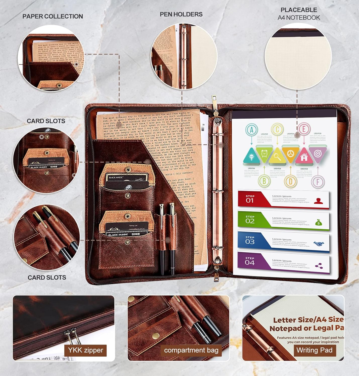 AZXCG Carpeta organizadora de tres anillos de cuero genuino con cremallera, soporte para bloc de notas de cuero vintage, libro de reanudación del