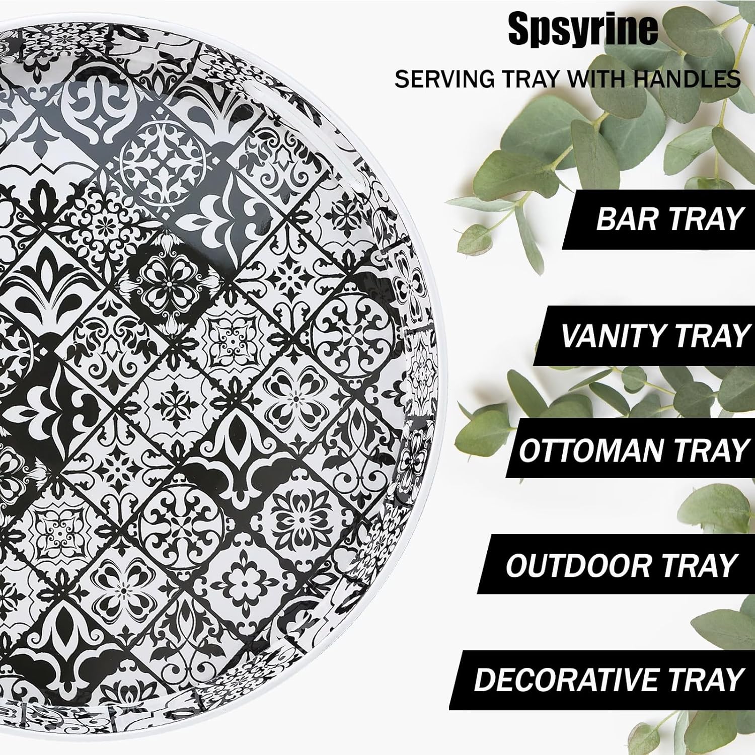 Spsyrine Bandejas redondas de plástico bohemias de 13 pulgadas con asas para sala de estar, mesa auxiliar, otomana, baño, cocina