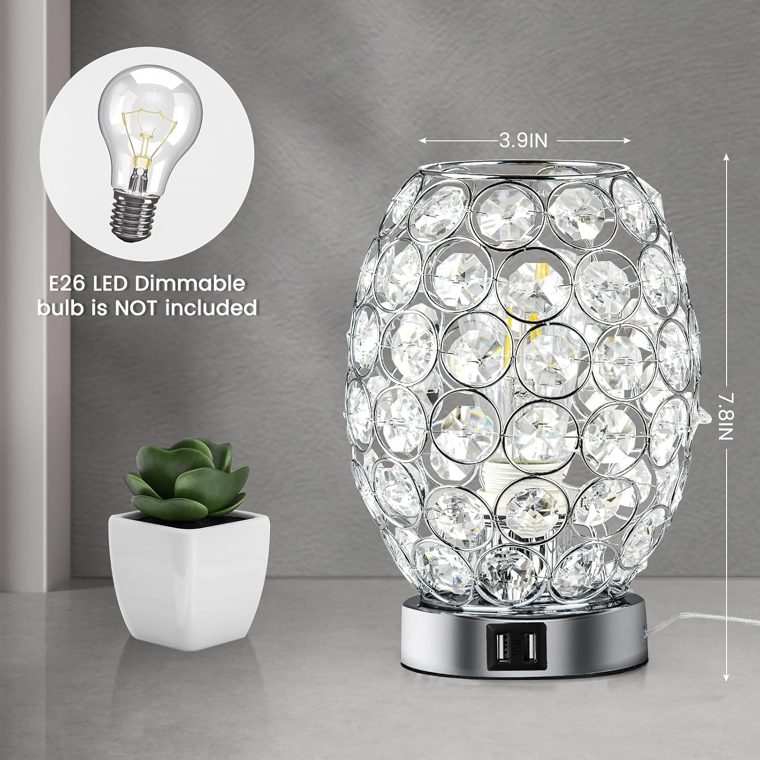 Lámpara de mesa regulable de cristal, lámpara de escritorio con control táctil con 2 puertos USB, lámparas de mesita de noche negras con pantalla de